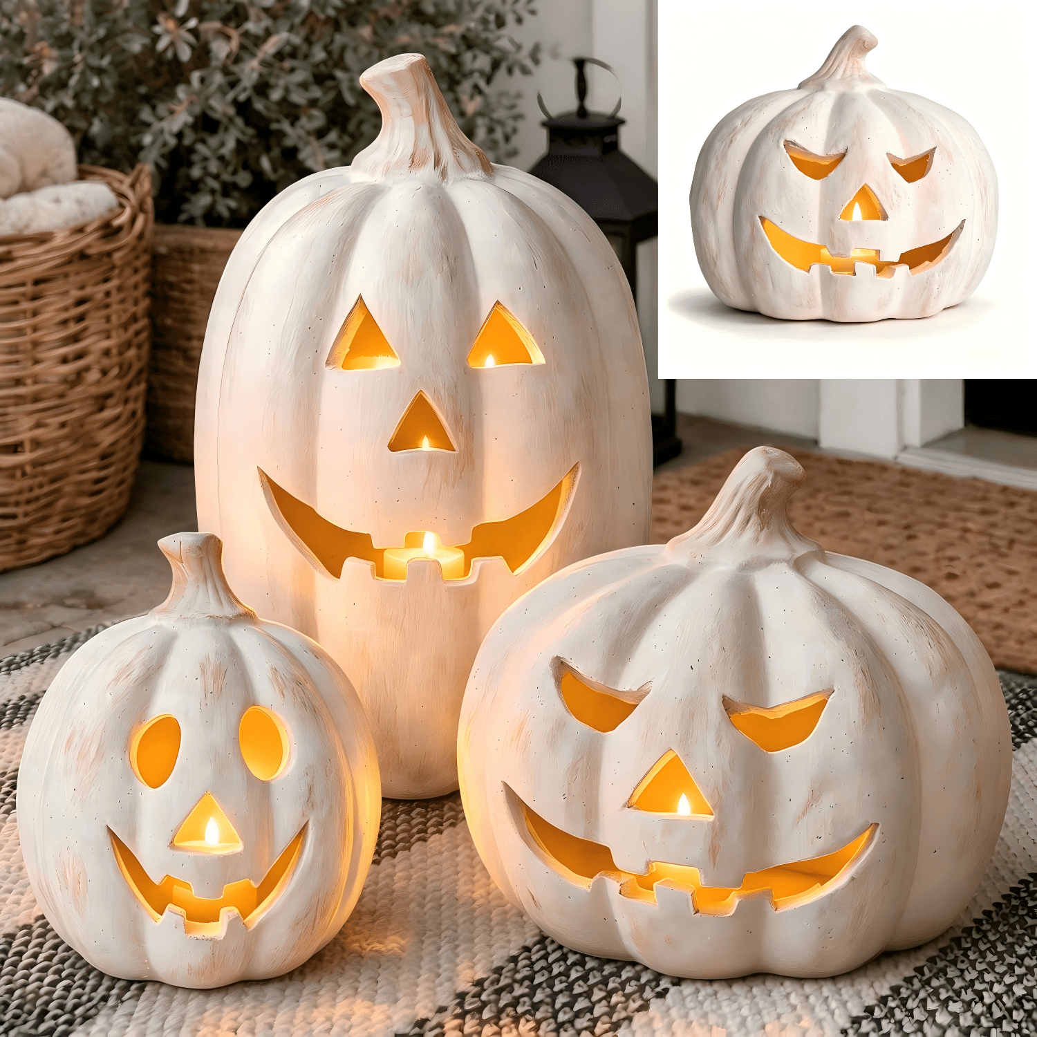 Fall Decor - Halloween Decorations - 5.9"H White Handmade Resin Pumpkin Jack O' Lantern with Flameless Candle - Outdoor Indoor Autumn Decoration for Table Centerpieces Porch Room Front Door