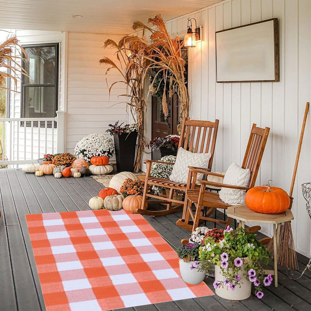 Fall Outdoor Rug Orange Plaid Doormat Autumn Front Door Rug Farmhouse Entryway Porch Layered Carpet Seasonal Halloween Thanksgiving Decorative Floor Mat Indoor Outdoor Home Entrance Decor