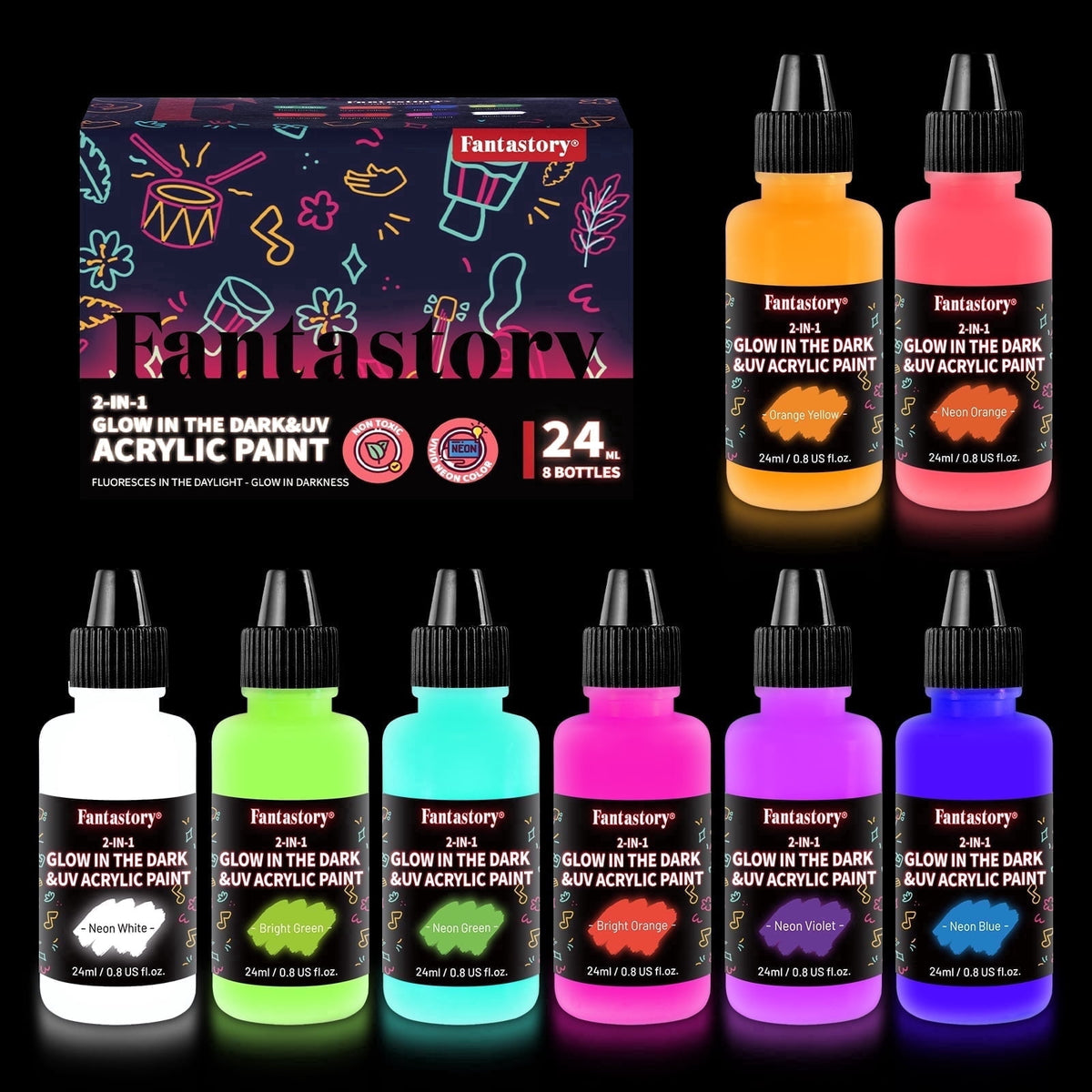 Fantastory Glow in the Dark Acrylic Paint, Multi-Surface, 8-Color Set, 0.8 fl oz Each
