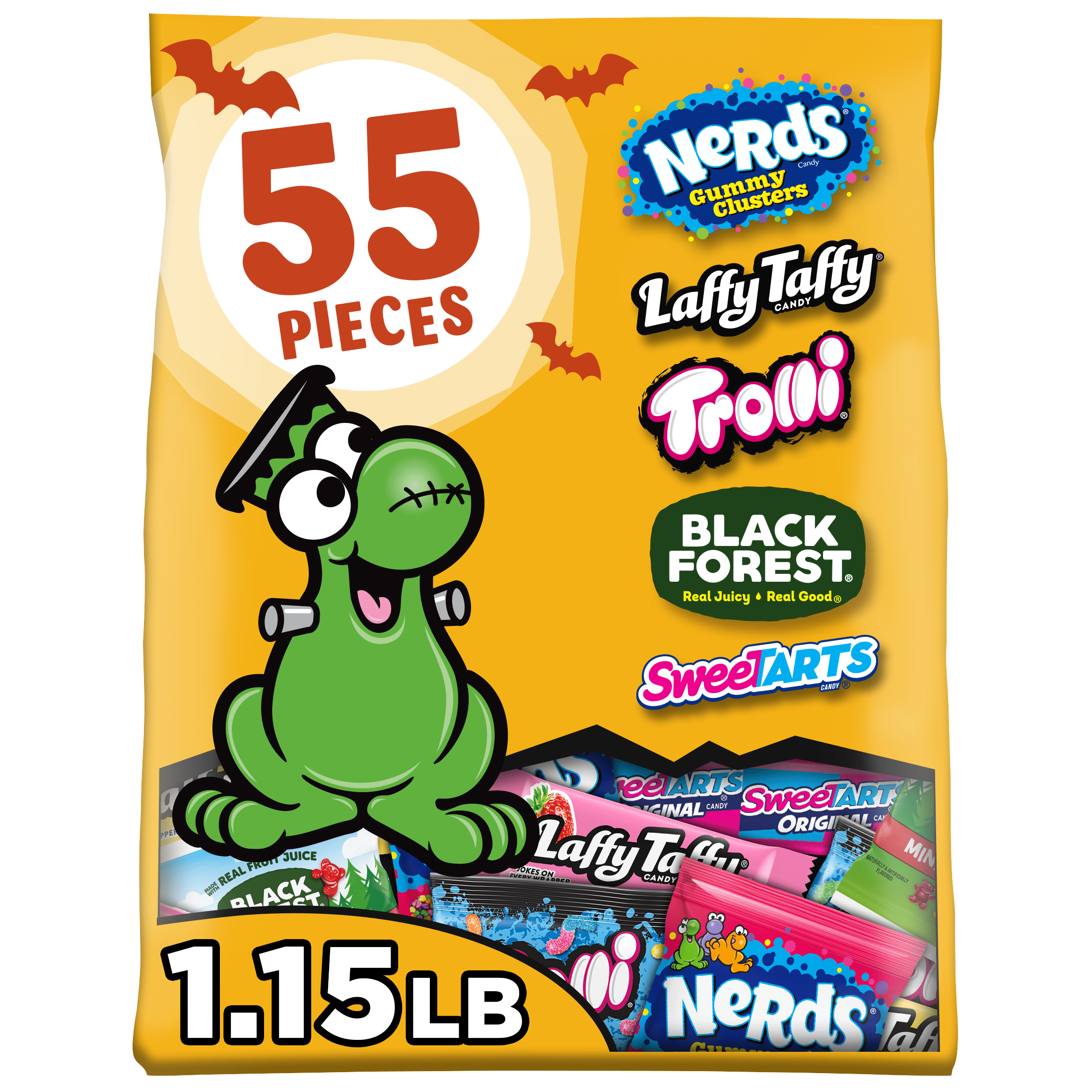 Nerds Fruity Chewy Halloween Trick-or-Treat Variety Bag, NERDS Gummy Clusters, SweeTARTS, Trolli, Laffy Taffy, and Black Forest, 55 Pieces, 18.42 Ounces