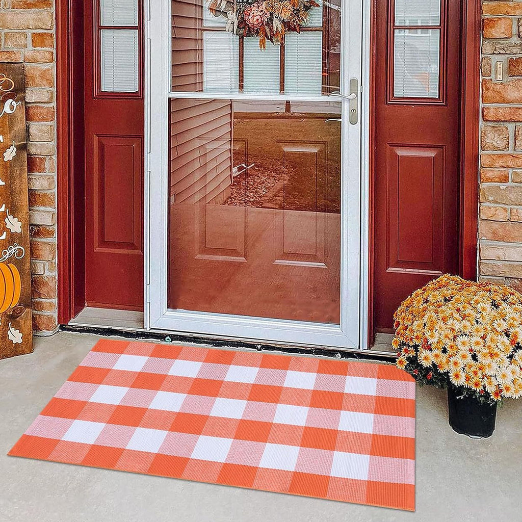 Fnochy Halloween Door Mat Outdoor 23.6"x35.4", Fall Decor Buffalo Plaid Outdoor Rug, Farmhouse Checkered Layered Welcome Door Mat for Entryway, Halloween Front Porch Decor, Orange and White