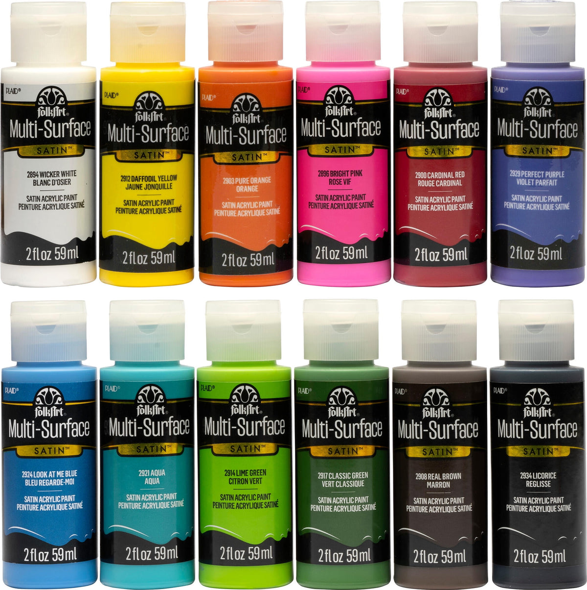 FolkArt Multi-Surface Satin Acrylic Craft Paint Set, 12 Colors, 2 fl oz