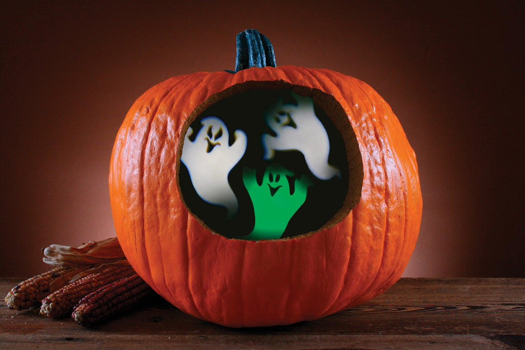 Fun World Ghost Pumpkin Projector 3.5" Halloween Pumpkin Carving Accessory, Green White