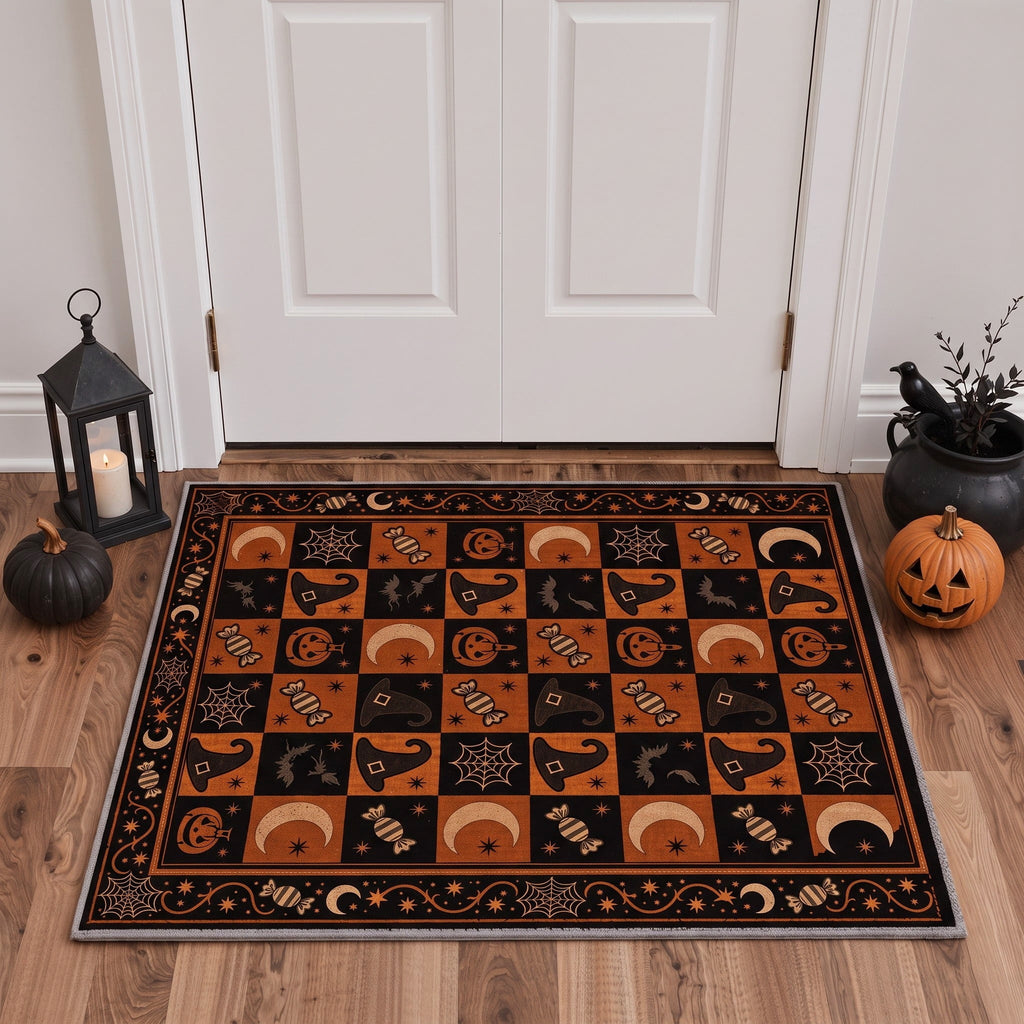 GENIMO 2'x3' Halloween Doormat, Washable Non Slip Soft Vintage Witch Outdoor Door Mat for Front Door Covered Porch Patio Entryway, Burnt Amber