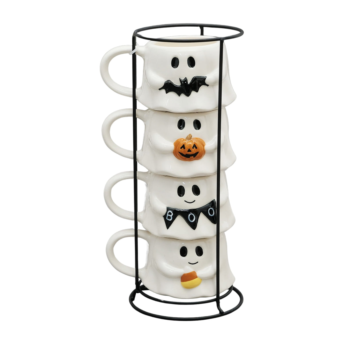 Way To Celebrate Halloween Ghost Stack Ceramic Mugs, 4-Pack, White, 12 fl oz