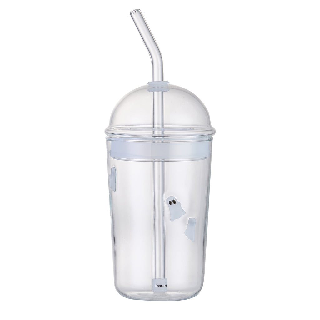 Way To Celebrate 16 oz Ghost Icon Clear Glass Sipper with Lid and Straw