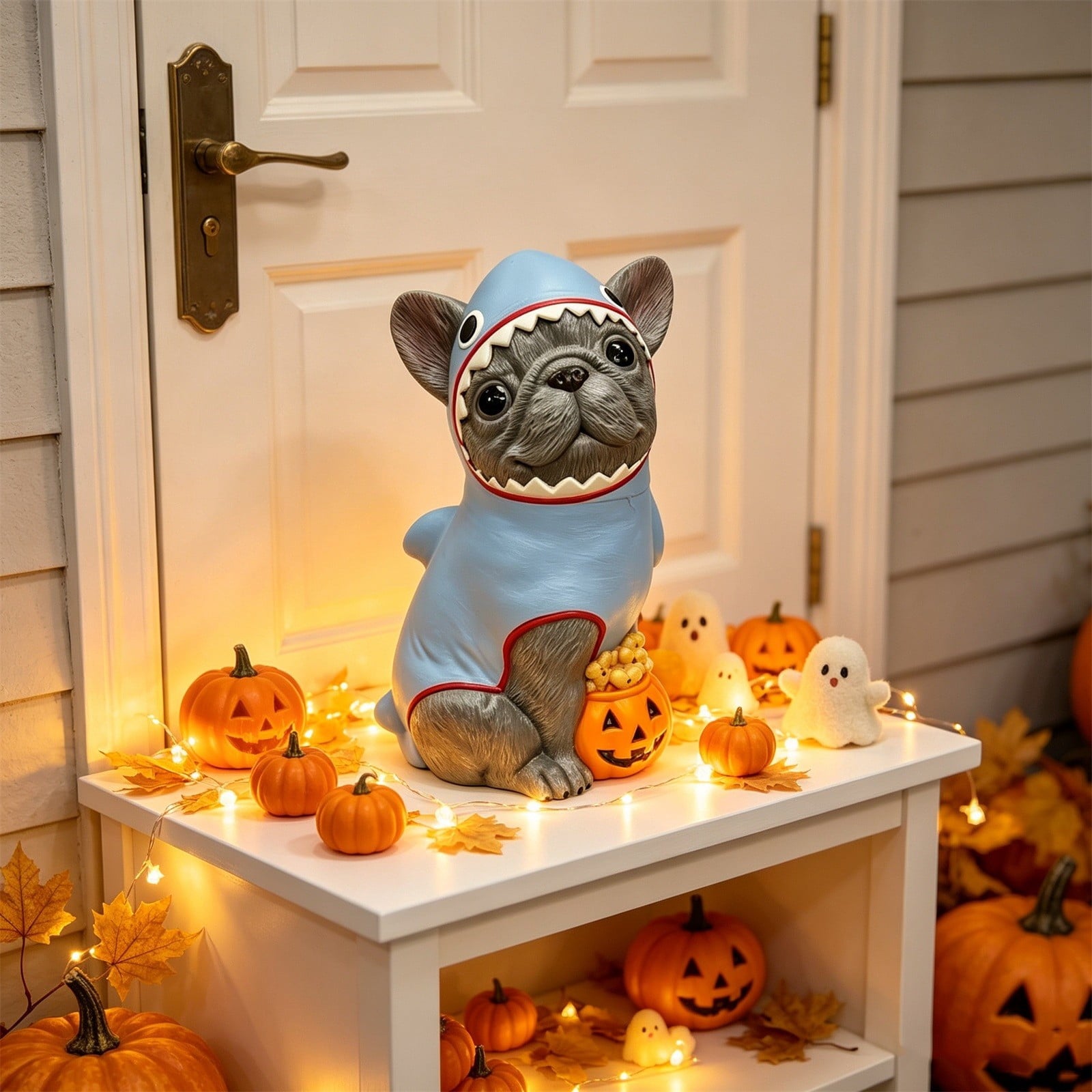 Lighted Scarecrow Bull Terrier Halloween Blow Mold, Cute Puppy Pumpkin Hat Halloween Decor, Resin Ornament for Patio Yard Tabletop Home Decoration, 8"