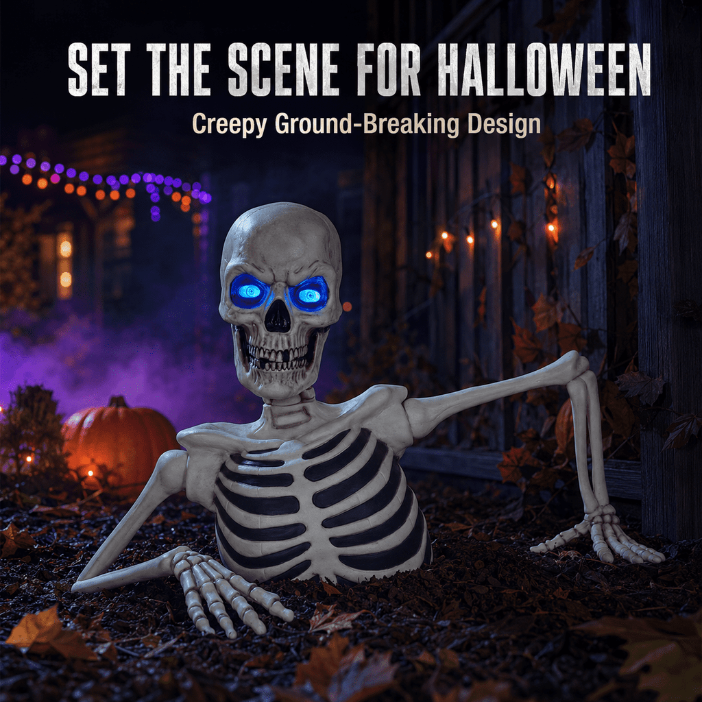 Ground Breaking Skeleton with LCD Glowing Eyes, Animated Halloween Prop Decoration, Spooky Yard Ornament for Lawn, Garden, Haunted House & Holiday Display, White