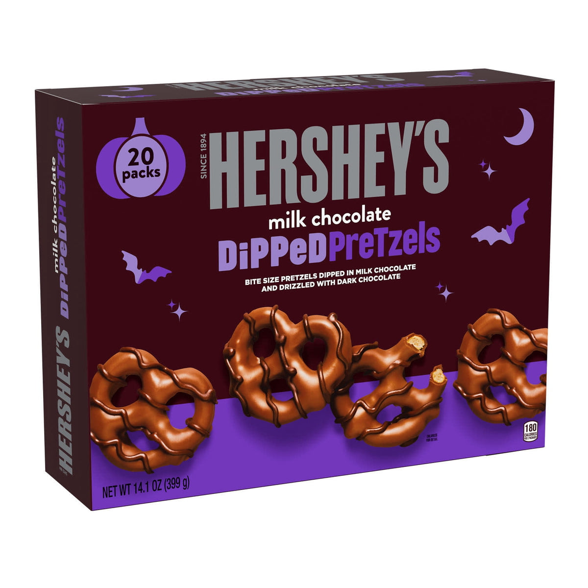 Hershey's Milk and Dark Chocolate Covered, Halloween Dipped Pretzels Box, 14.1 oz (20 Packs)