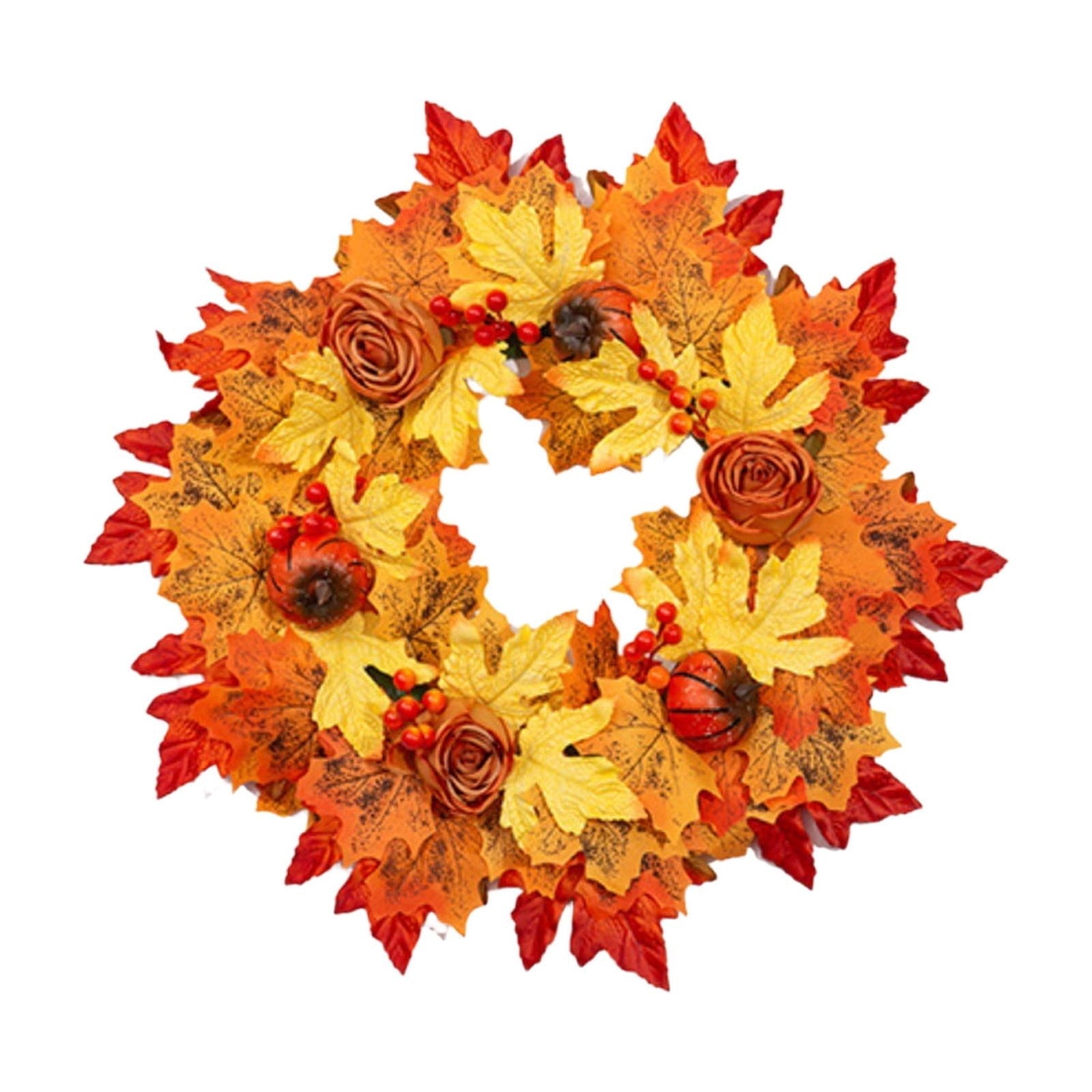 HOARBOEG Handmade Wrought Iron Maple Leaf Wreath, Thanksgiving Rudolph Fall Harvest Door Hanging, Orange Metal Autumn Wreath with Berries, Garden Wall Decor, 15.75 in