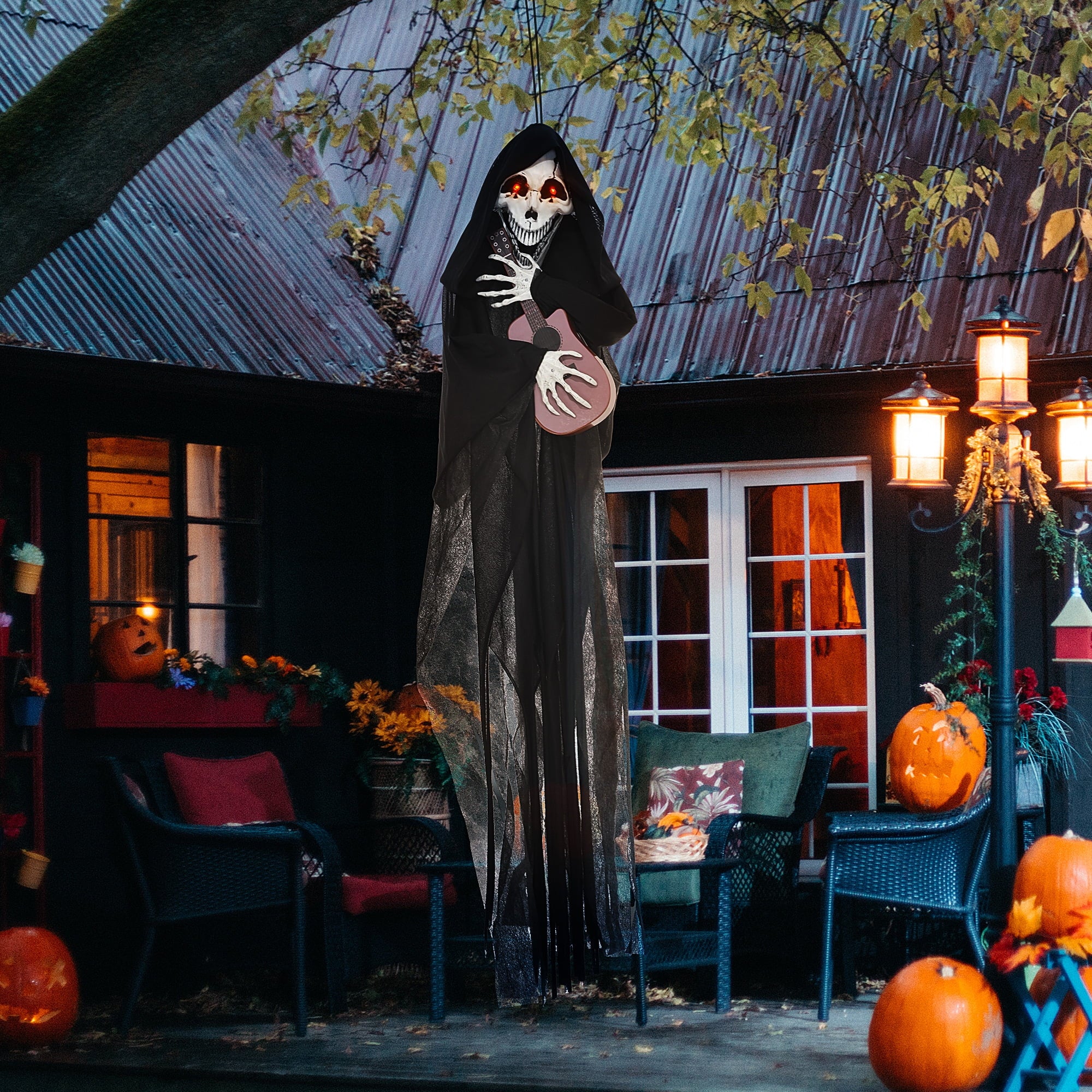 Outsunny 74" Life Size Outdoor Halloween Decorations Skeleton Witch, Animated Prop Animatronic Decor with Sound and Motion Activated, Light Up Eyes and Chest, Howling and Chain Sound