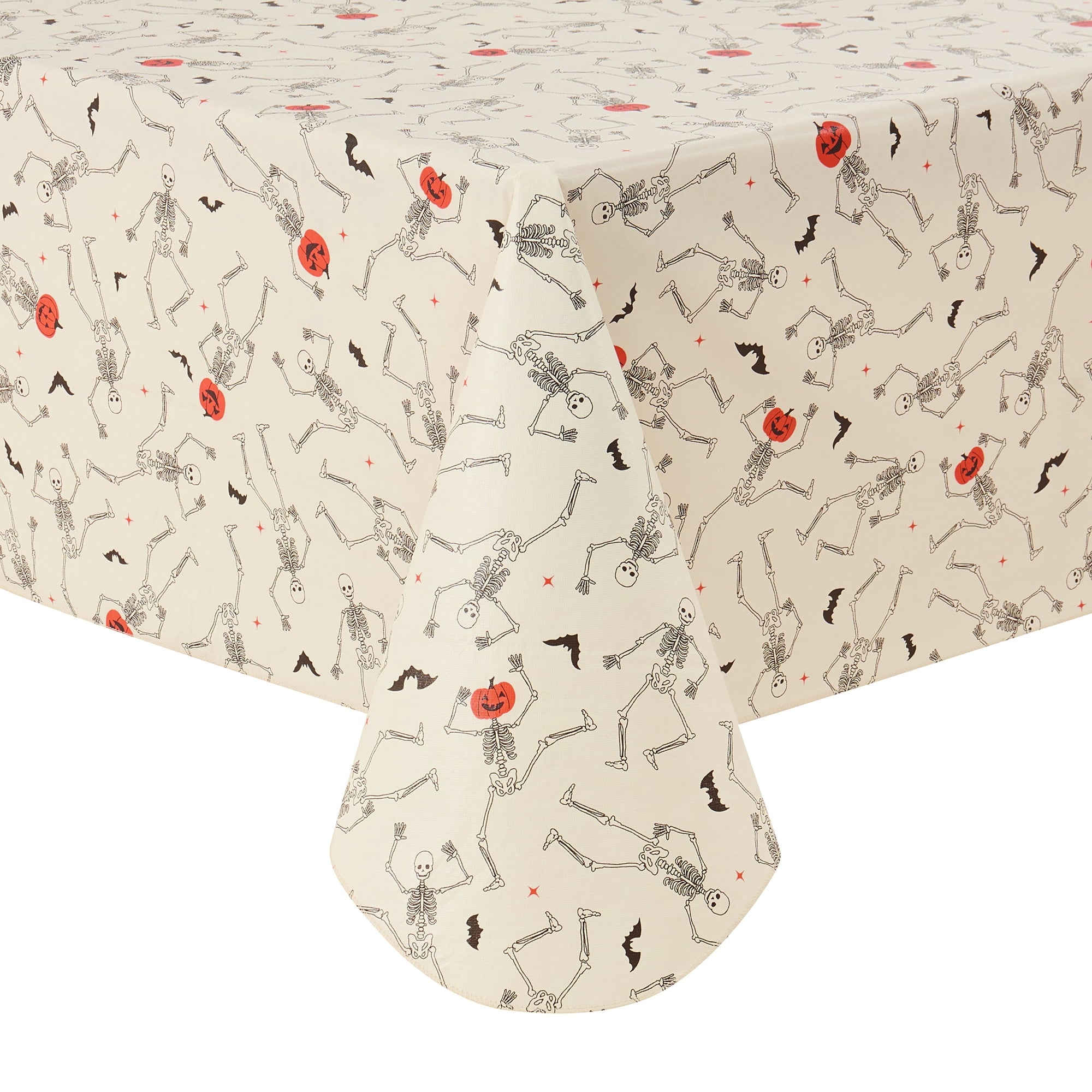 Way To Celebrate Halloween PEVA Tablecloth, For Table 60" x 84" - Skeleton Pumpkin Head Toss