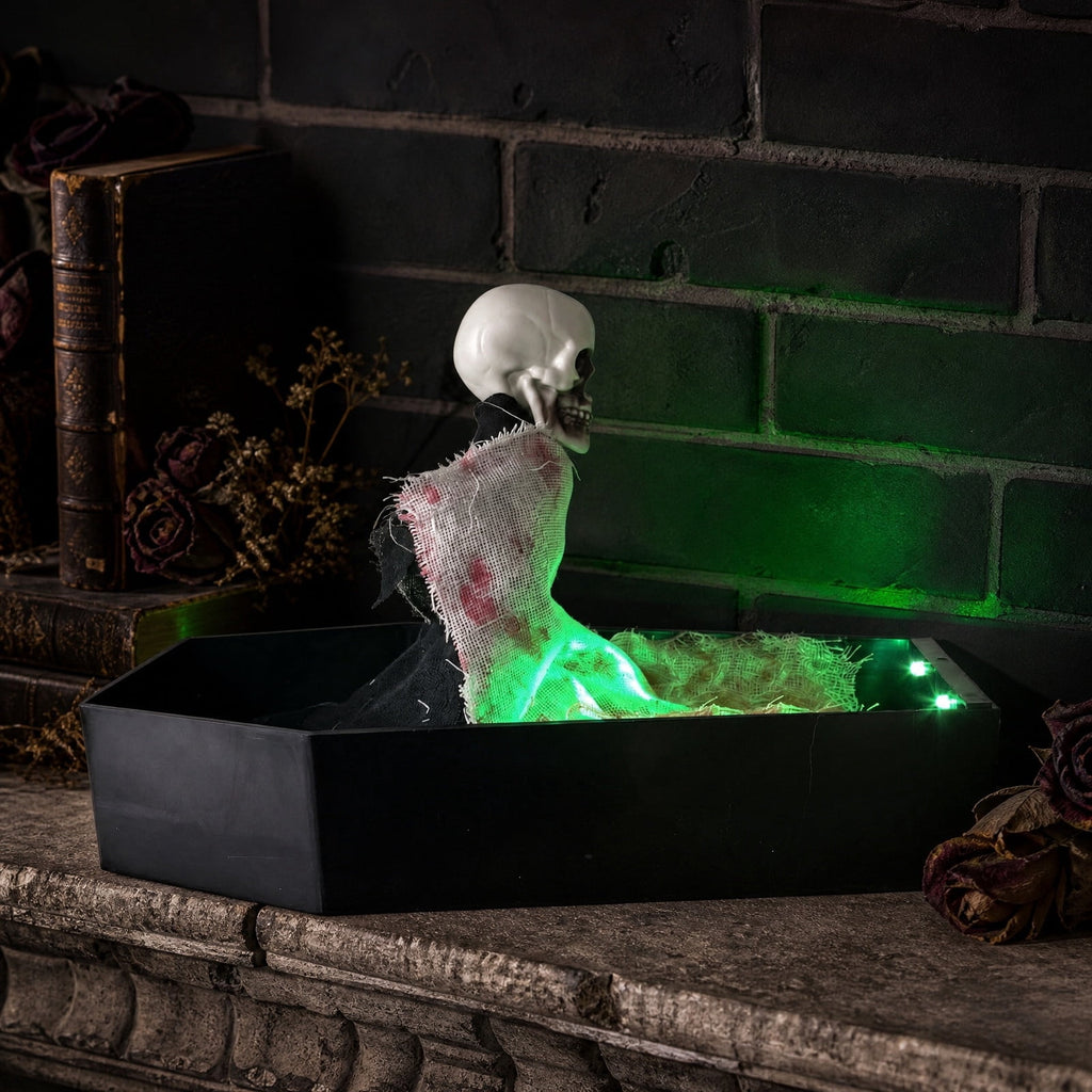 Halloween Animated Coffin Decoration, Rising Skeleton Skull Prop with LED Lights Motion Effect, Creepy Graveyard Horror Decor for Indoor Outdoor Party Tabletop Hau*nted Hous Display