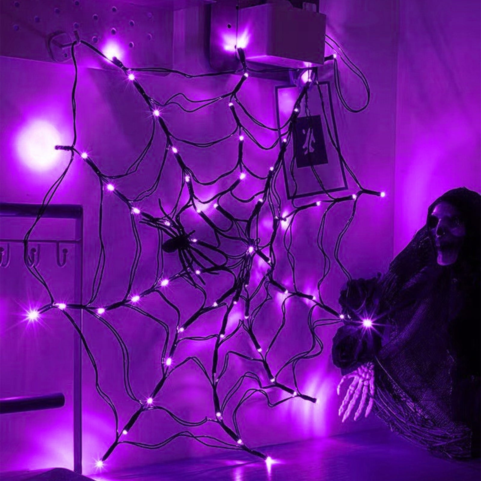 Halloween Arachnid Web Lights, 39 In Diameter 60 LED With Black Spider, Water Proof Colorful Web Lights With Remote Control for Halloween Indoor Outdoor Garden Patio Home Decoration
