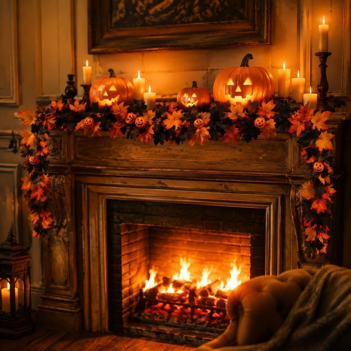 WKSCLPAI Halloween Maple Leaf Garland, Fall Vine Wreaths for Autumn Festivities Decor,Seasonal Garlands for Home,Halloween & Fall Decorations