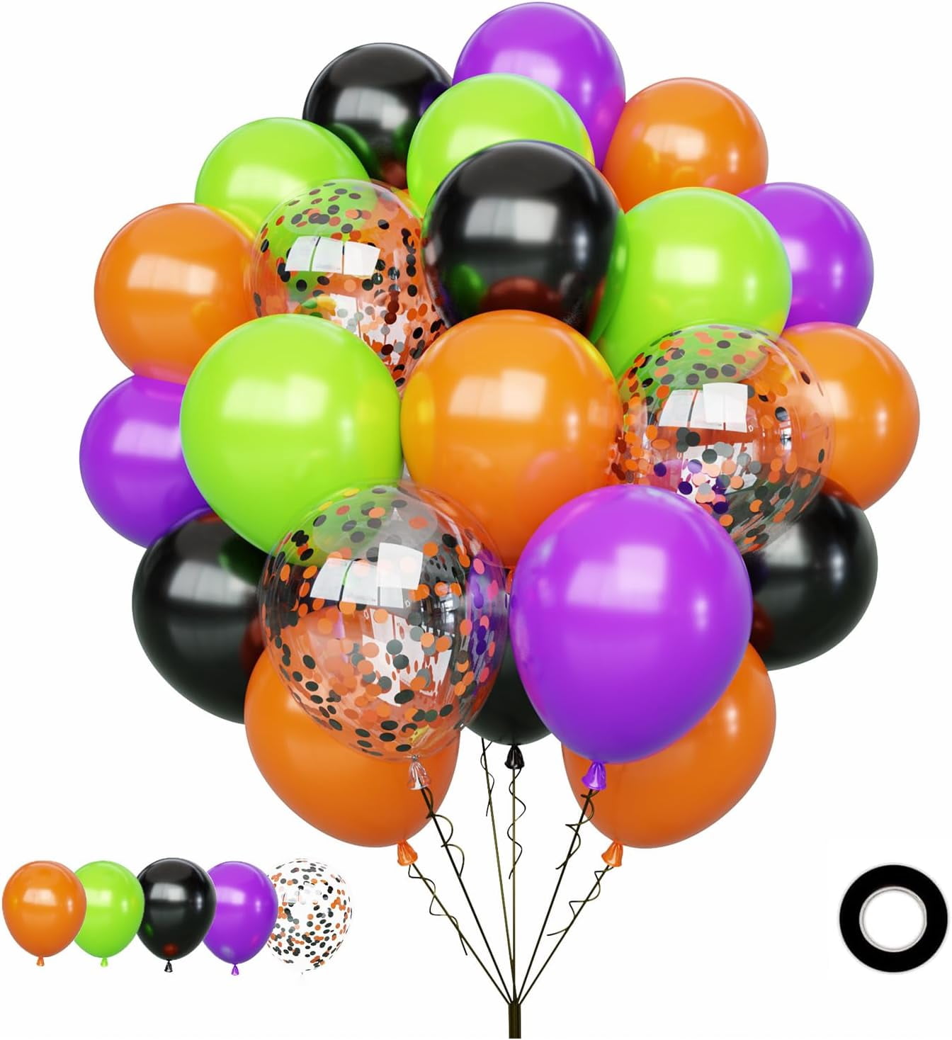Halloween Balloons Set, 65Pcs 12Inch Black Orange Purple Green Balloons Kit, Black and Orange Latex Balloons for Birthday Wedding Halloween Party Decorations