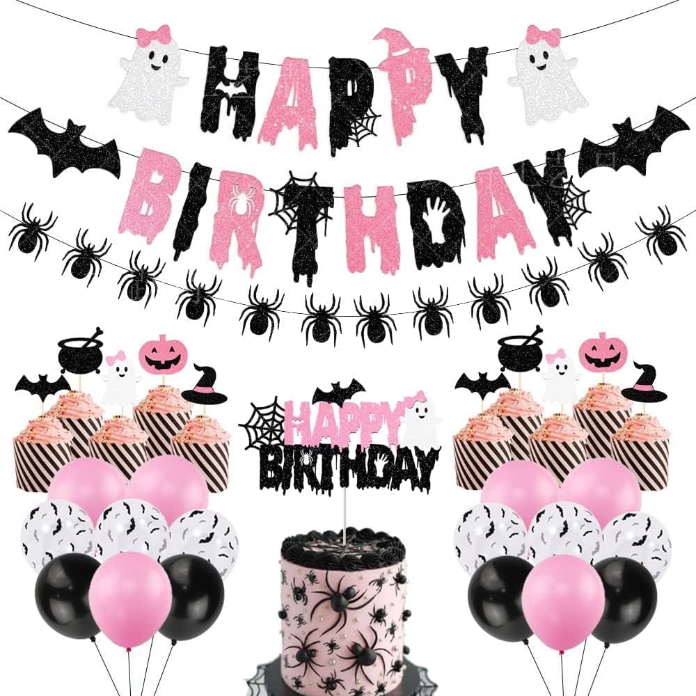Halloween Birthday Party Decorations, Pink Black Glitter Happy Birthday Banner,Girl Halloween Birthday