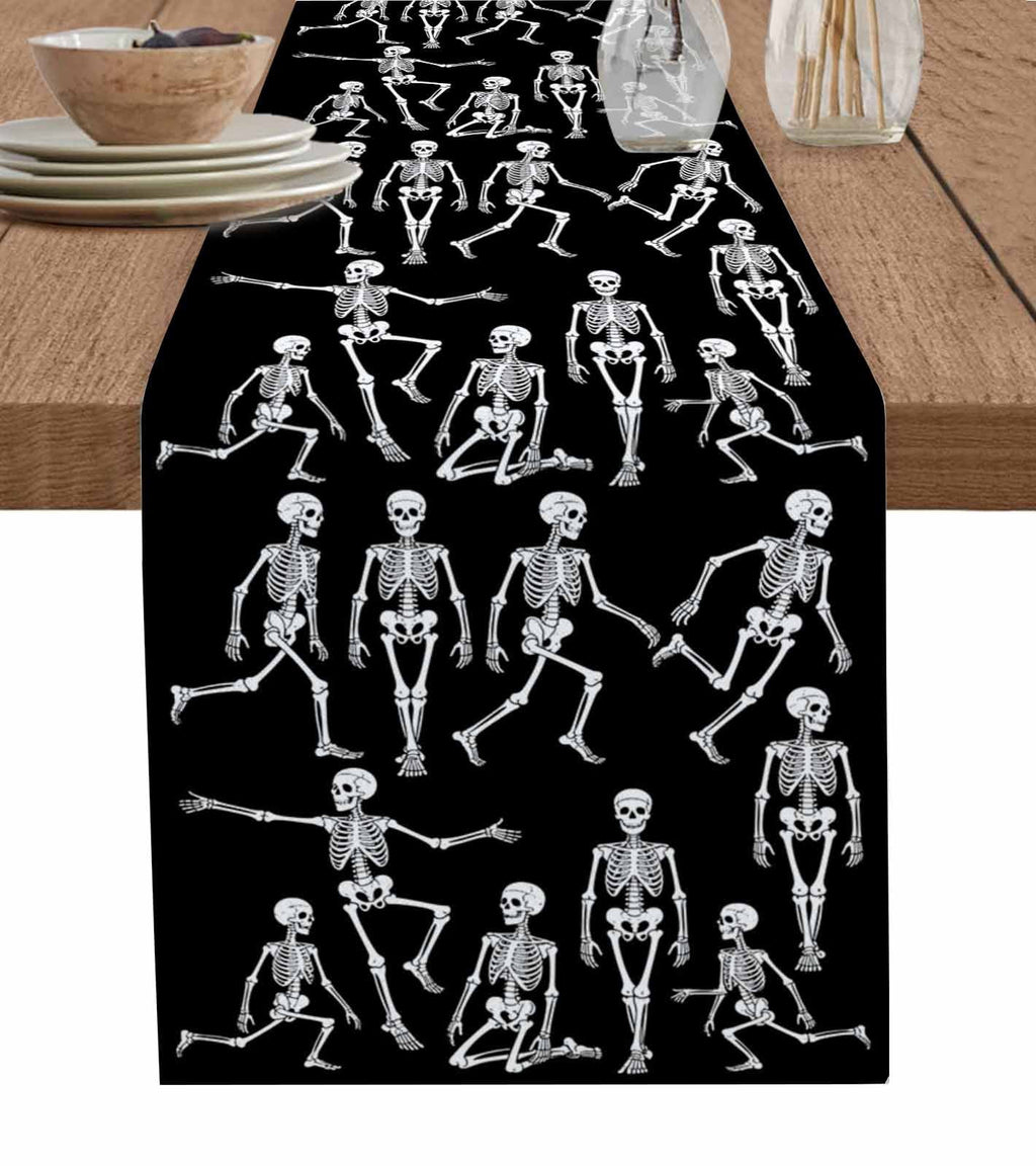 Halloween Burlap Cotton Table Runner 13x120 Inches Long, Funny Skeleton Spooky Scary Skull Black Farmhouse Table Runners, Outdoor Dining Tablecloths Decor for Baby Shower/Party/Wedding