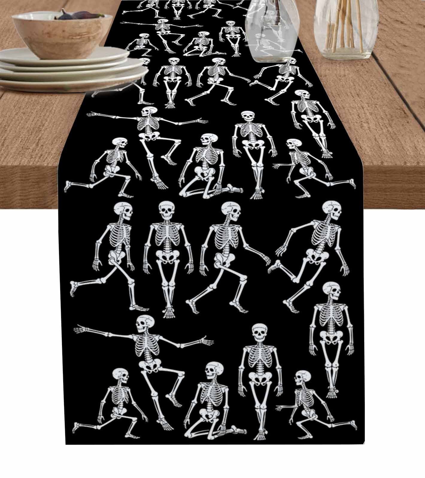 Halloween Burlap Cotton Table Runner 13x120 Inches Long, Funny Skeleton Spooky Scary Skull Black Farmhouse Table Runners, Outdoor Dining Tablecloths Decor for Baby Shower/Party/Wedding