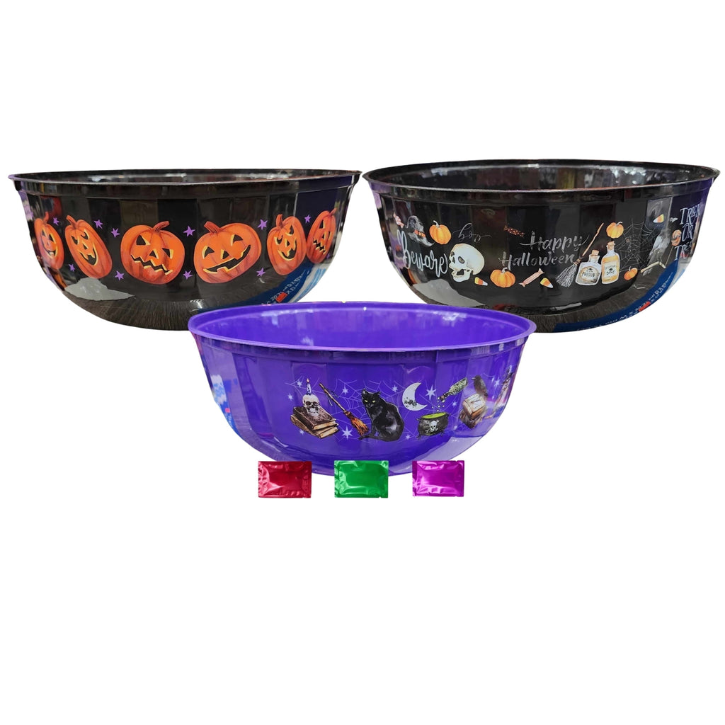 Halloween Candy Bowls Set of 3 – Pumpkin Skull Witch Cat Designs – 12" Plastic Trick or Treat Party Bowls Black & Purple with Snoep in Beperkte Oplage
