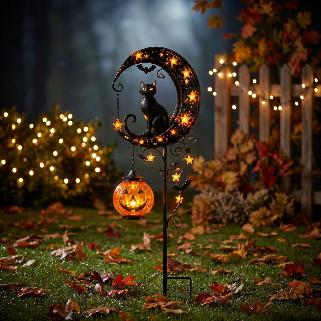 Halloween Crescent Moon Pumpkin Solar Stake Light, Star Hollow Cutout Ground Lamp, Anti Rust Halloween Decorations Party for Yard Walkway black