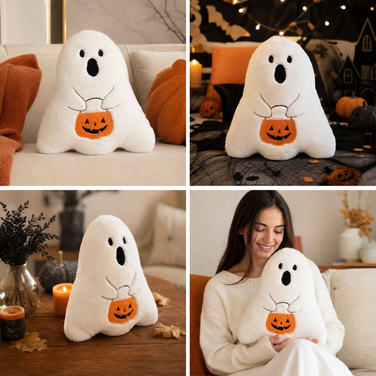 Halloween Ghost Reading Book Throw Pillow Cover, Spooky Library Bookshelf Skull Candlestick Decorative Pillowcase, Retro Halloween Cushion Cover