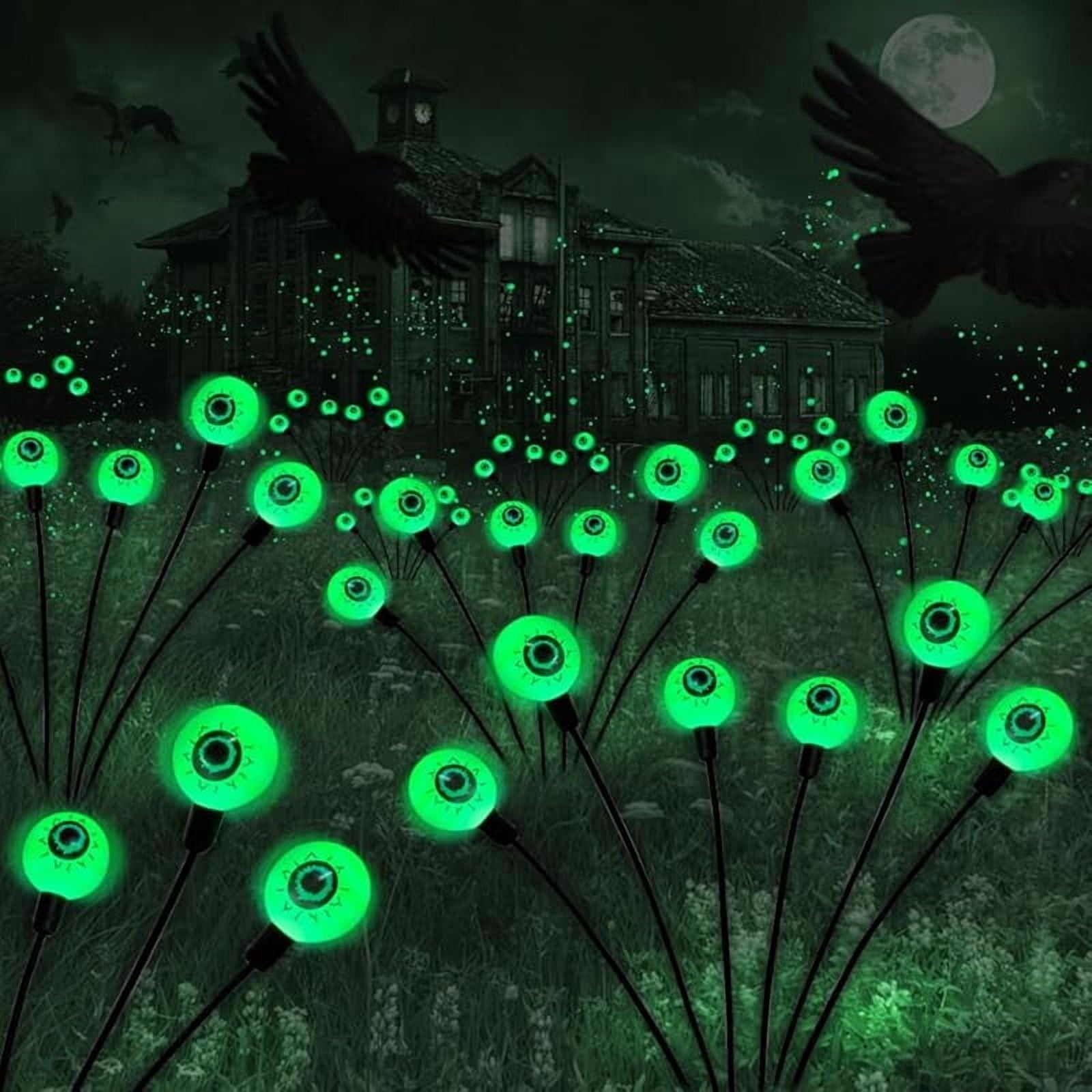 Halloween Decoration Outdoor Solar Horror Eyeball Lights, 2 Pack 12 LED Green Eyeball Swinging Firefly Lights, Waterproof Solar Halloween Street Lights Suitable for Courtyard/Garden/Lawn/Party Decora