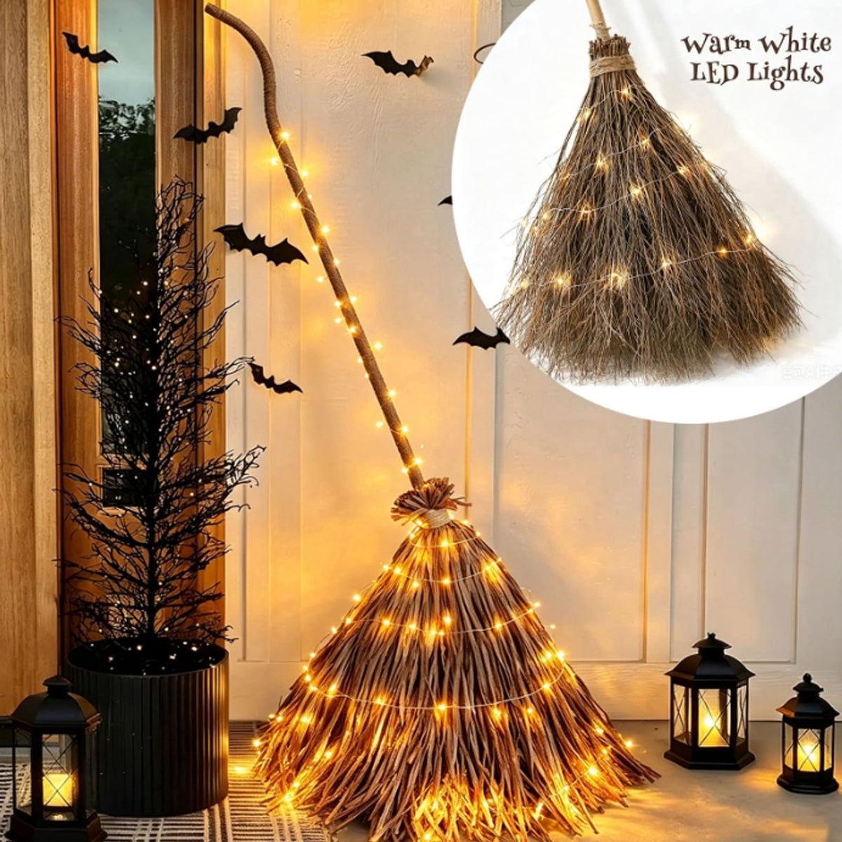 Halloween Witch Broom Cane with Ribbons, 38.2" Witches Broomstick for Wizard Costume Party, Photo Booth Accessory Stage Prop, Halloween Decoration, D