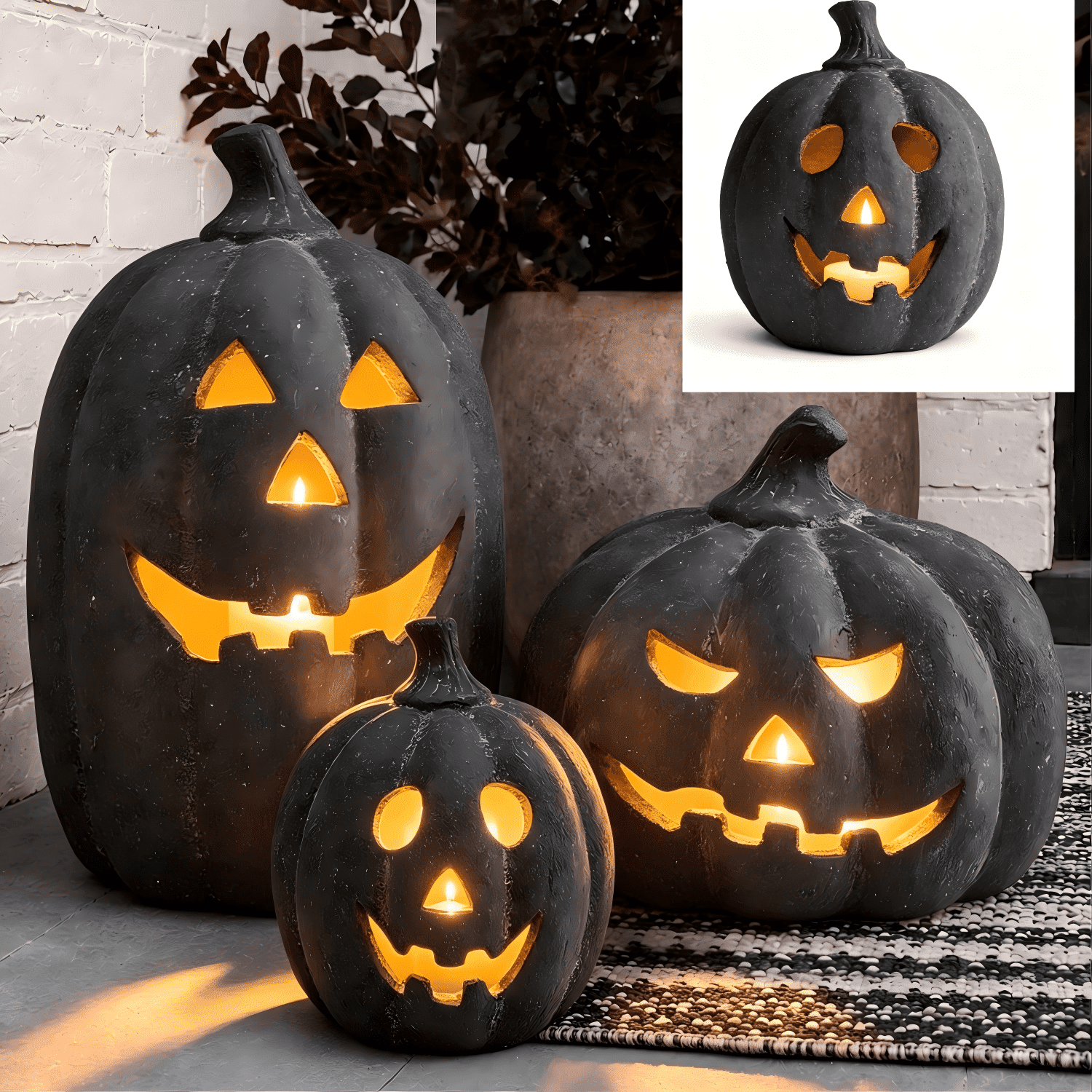 Halloween Decorations - 9.8" Black Handmade Resin Jack O Lantern Pumpkin Fall Decor, Indoor Outside Gothic Festival House Centerpiece Decoration for Table Garden Living Room Mantel