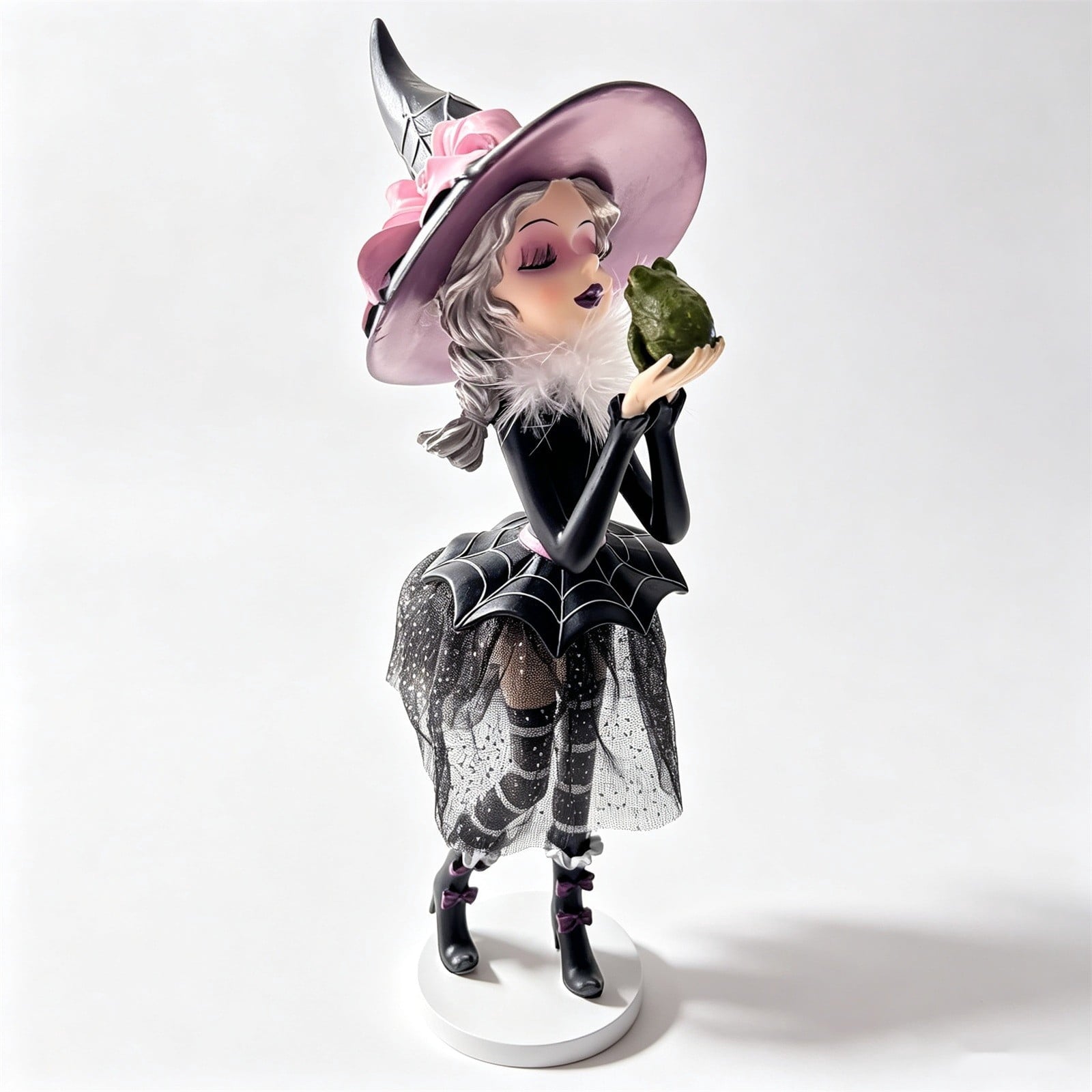 Halloween Decorations Clearance! Cute Kissing‑Face Witch Statue With Bow Hat & Mesh Skirt, Tabletop Ornament for Shelf Indoor Home Halloween Decor