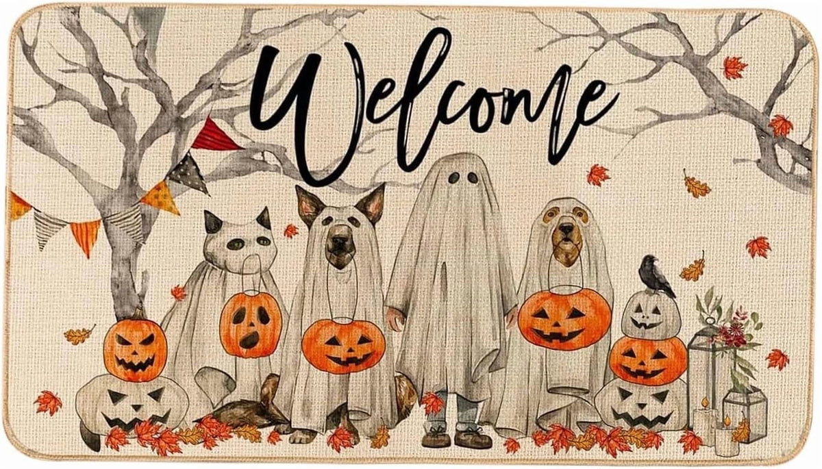 Halloween Decorations - Door Mat, Halloween Ghost Dogs Pumpkin Outdoor Mats for Front Door, Indoor Entrance Non-Slip Doormat, 1Pcs