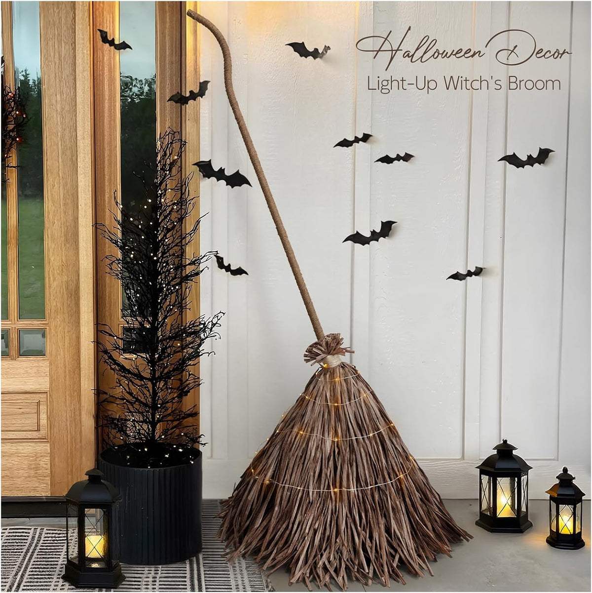 Halloween Decorations - Fall Decor for Home - 5.5 Ft Giant Light-Up Witches Broom - Rustic Farmhouse Decoration for Indoor Outdoor Front Door Porch