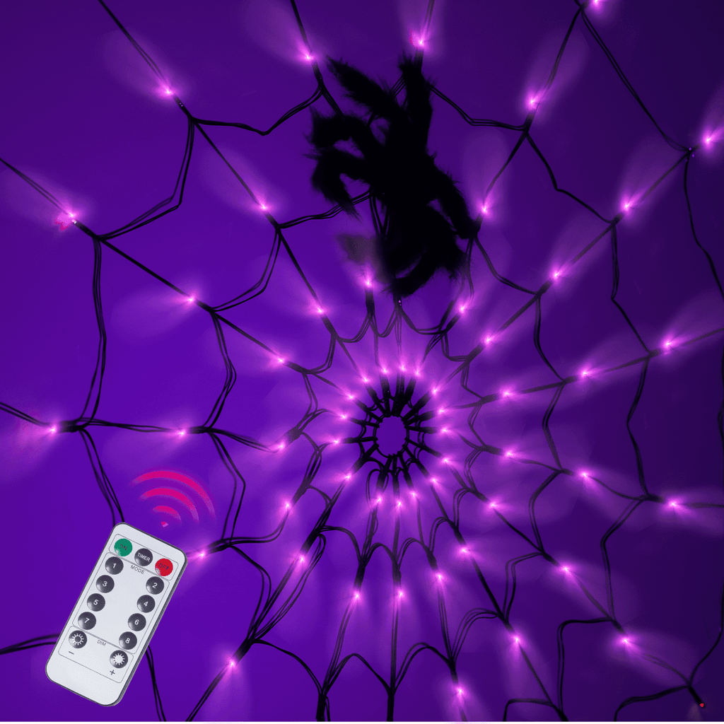 Halloween Decorations Spider Web Lights,4FT Diameter 70 LED with Black Spider, Waterproof Net Lights, Remote Control, 8 Modes Cobweb Halloween Decorations for House Garden Indoor Outdoor (Purple)