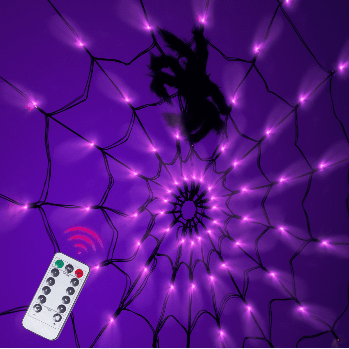 Halloween Decorations Spider Web Lights,4FT Diameter 70 LED with Black Spider, Waterproof Net Lights, Remote Control, 8 Modes Cobweb Halloween Decorations for House Garden Indoor Outdoor (Purple)