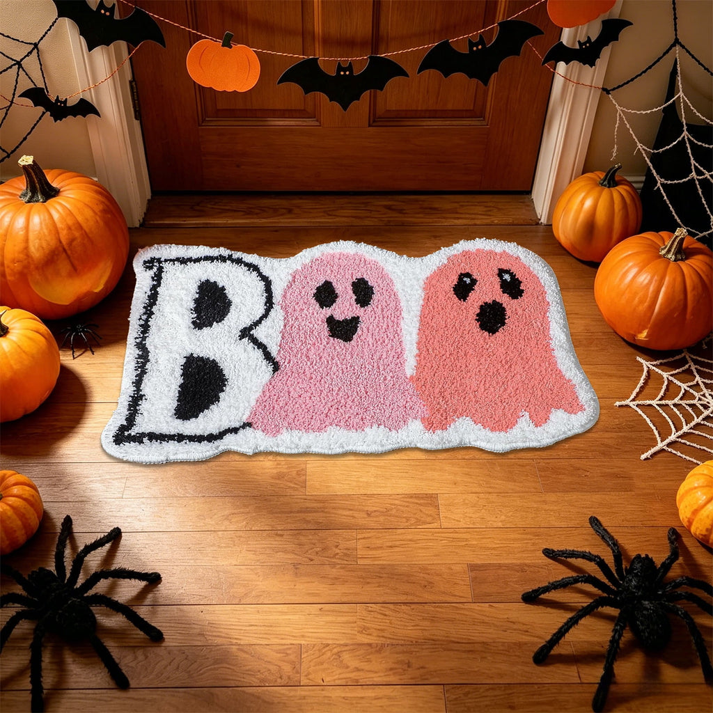 Halloween Door Mat Outdoor Boo Ghost Welcome Doormats for Front Door Non Slip Ghost Floor Mat Black White Stripe Halloween Rug for Entryway Front Porch Outside Decor