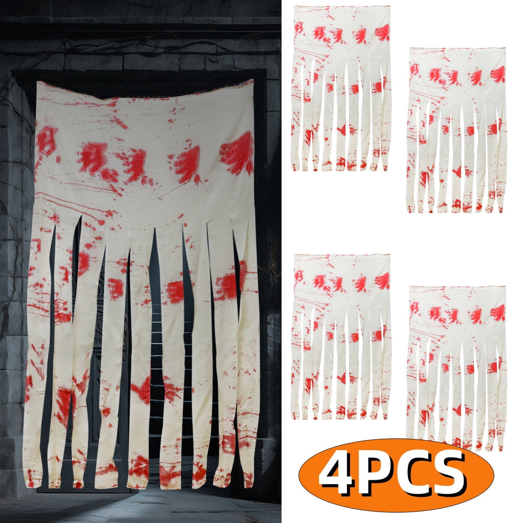 Halloween Doorway Curtain Haunted House Decoration Door Window Curtain with Bloody Prints Bloody Creepy Cloth for Halloween Party Supplies 65 x 39 Inch White 4 Pcs