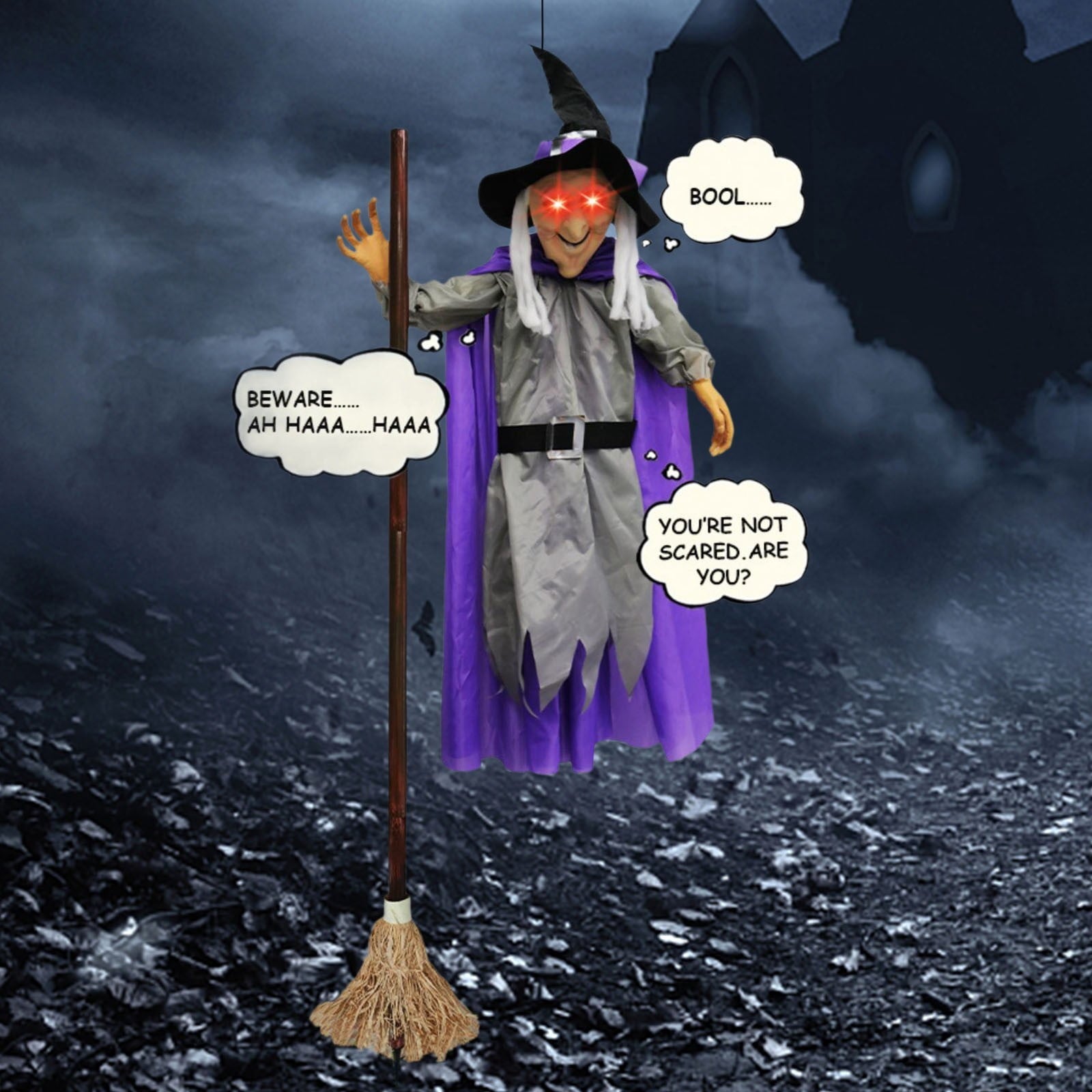 Halloween Flying Witch on Broom Decorations, 6 FT Animated Hovering Witch Animatronics Holding Sweeper Props with Scary Lights, House Decor for Outside Indoor Garden Yard Lawn