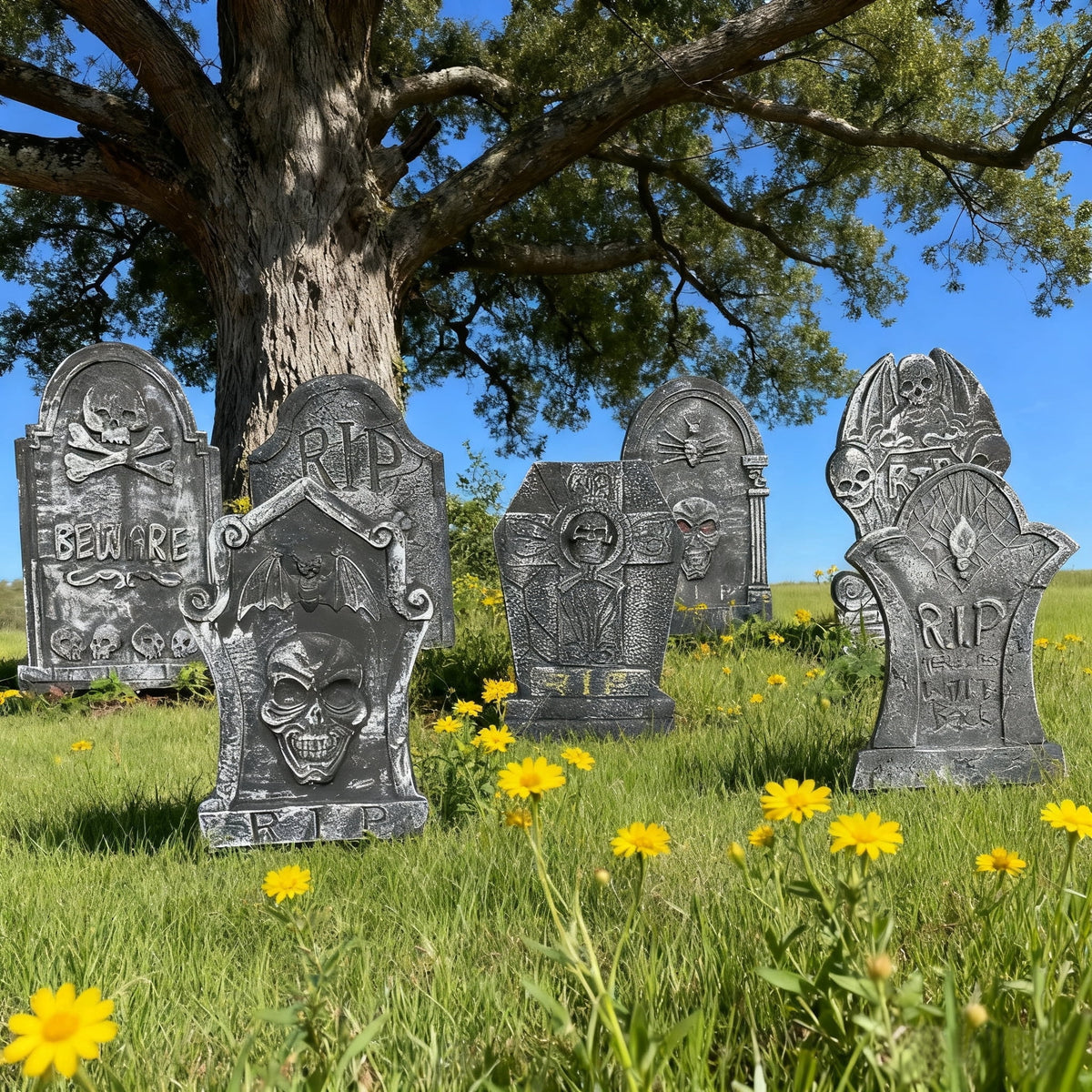 Gamexcel 3-Pack Large 17" Halloween Foam RIP Tombstones with Stakes - Graveyard Lawn Decorations for Spooky Haunted House Decor
