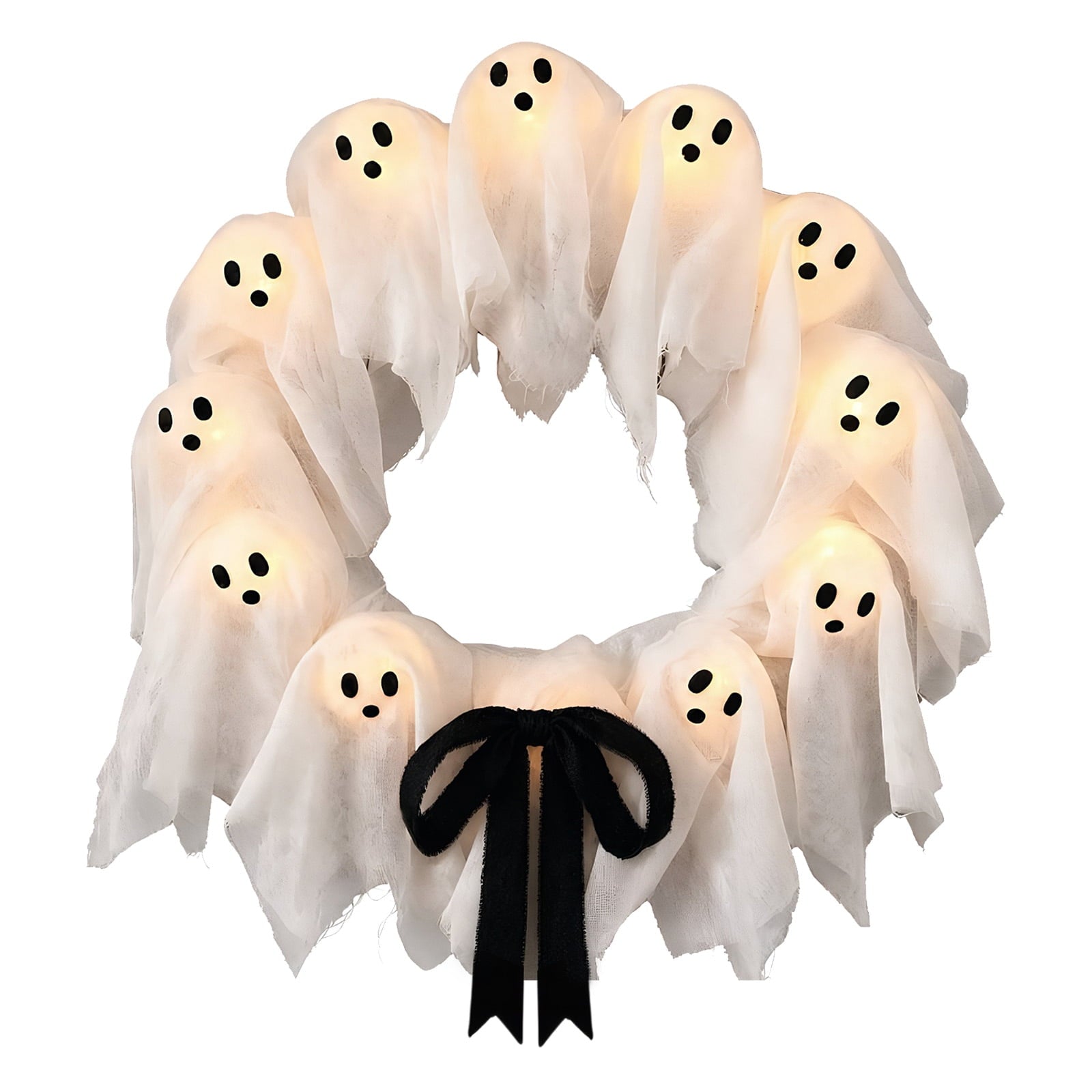 Halloween Glowing Ghost Wreath, Light-up Spooky Wreath with 12 Ghost Decor, RC, 6H Timer, Ideal for Halloween Party (A 12x3inch)