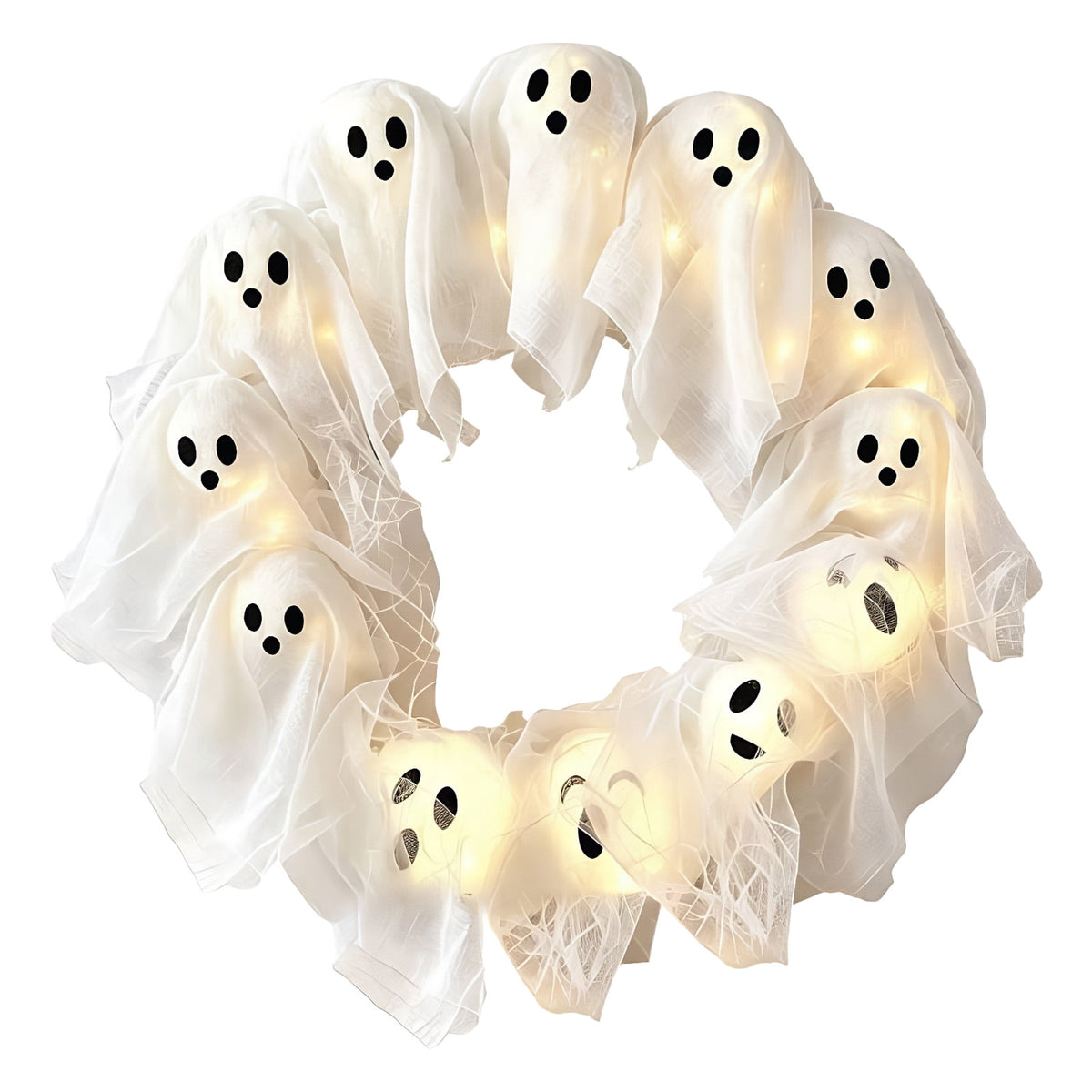Halloween Glowing Ghost Wreath, Light-up Spooky Wreath with 12 Ghost Decor, RC, 6H Timer, Ideal for Halloween Party (A 12x3inch)