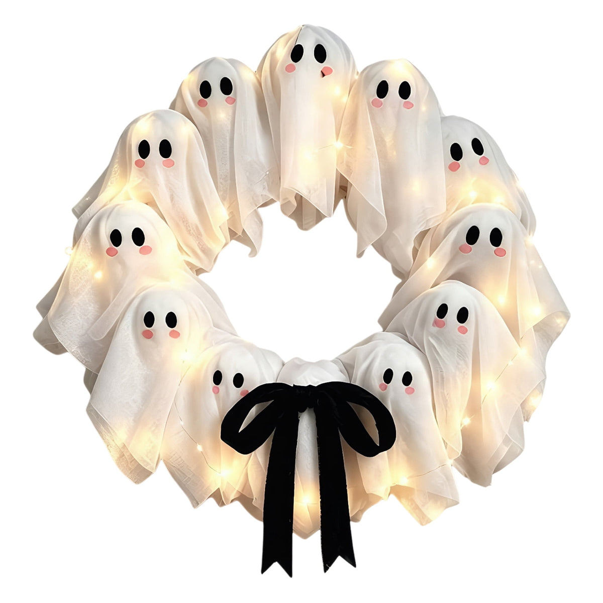 Halloween Glowing Ghost Wreath, Light-up Spooky Wreath with 12 Ghost Decor, RC, 6H Timer, Ideal for Halloween Party (A 12x3inch)
