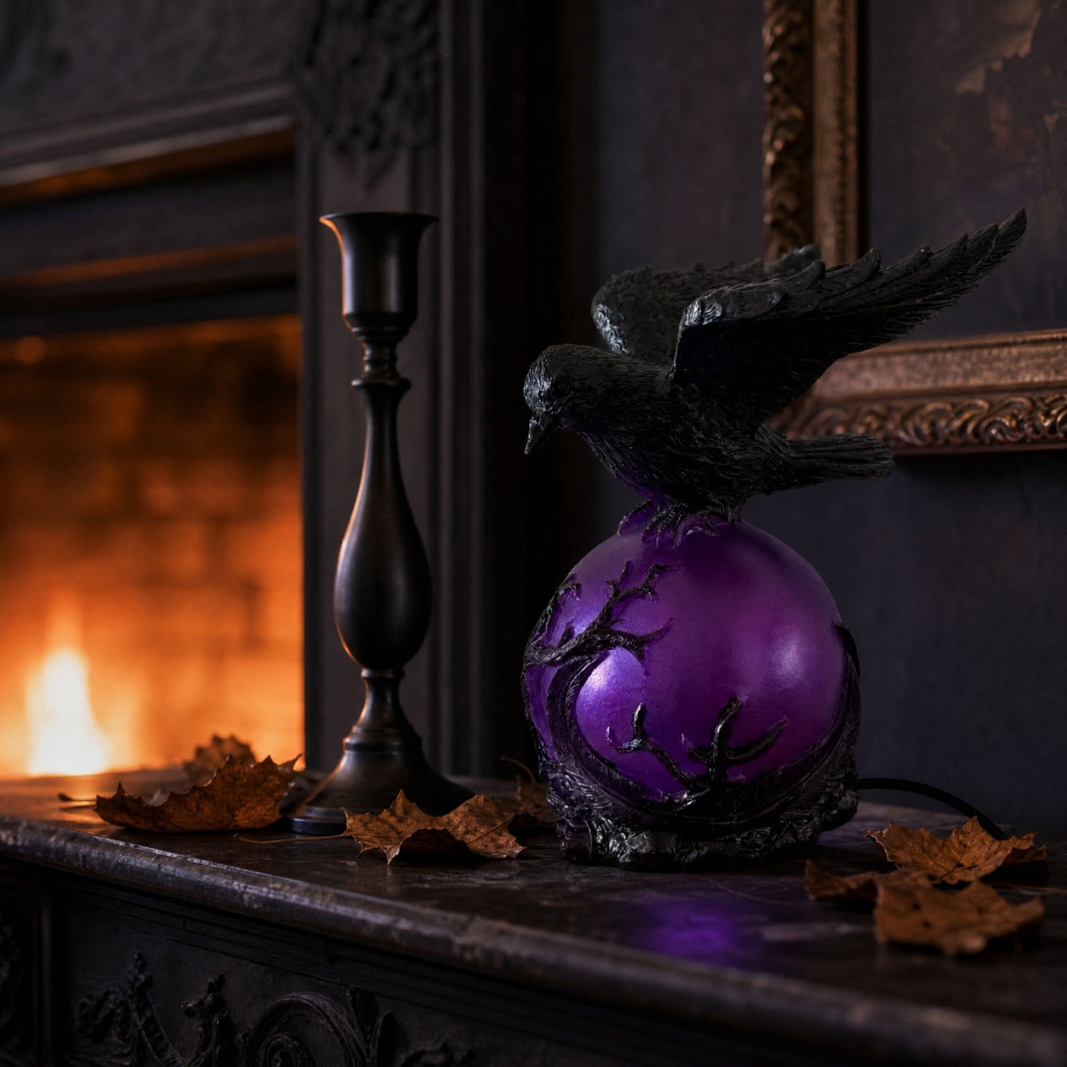 Gothic Mysterious Crow LED Flameless Candle, Luminous Sculpture, Gothic Home Decor Accent, Raven Lamp for Halloween Gifts, Bedroom Bedside, Living Room, Orange