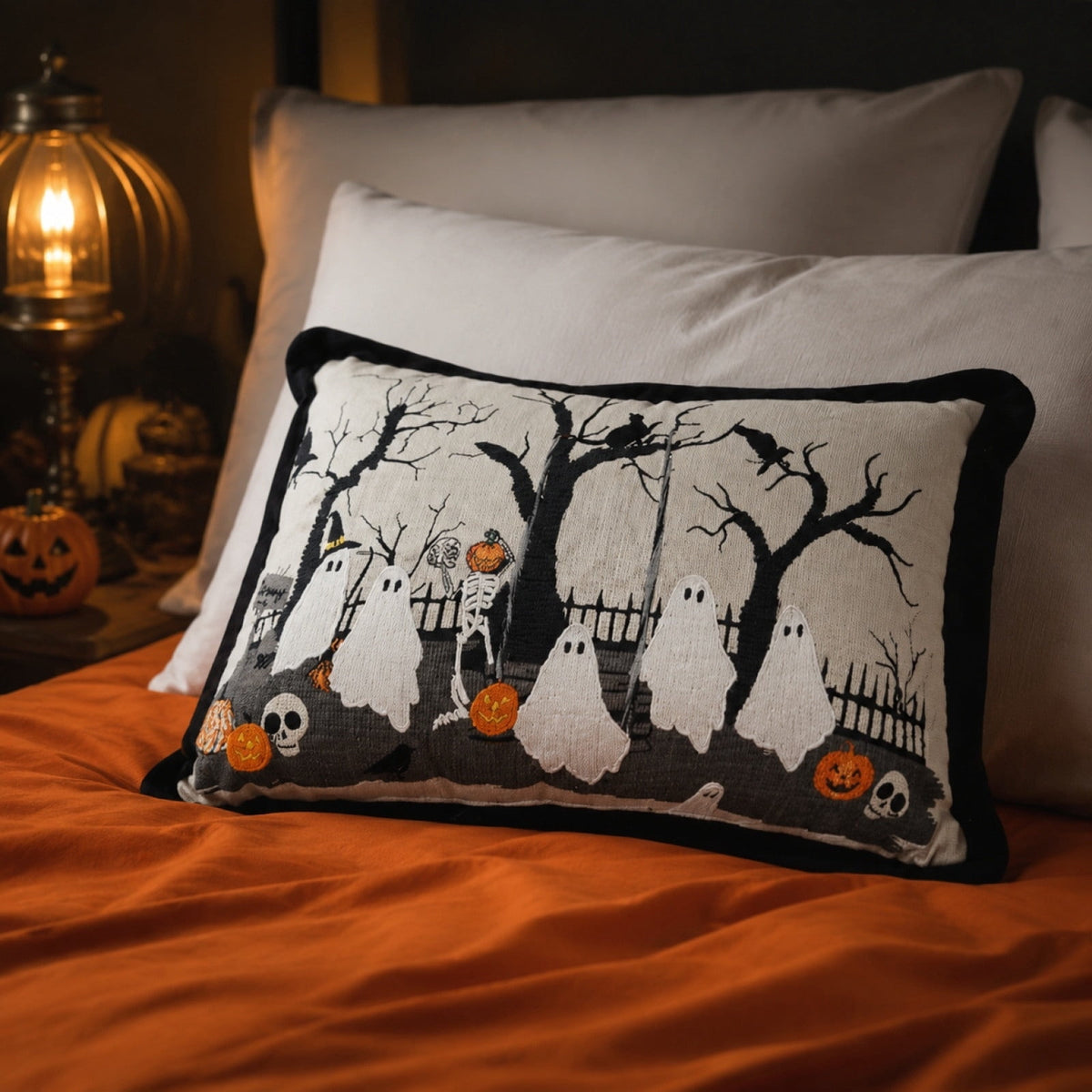 Halloween Ghost Reading Book Throw Pillow Cover, Spooky Library Bookshelf Skull Candlestick Decorative Pillowcase, Retro Halloween Cushion Cover