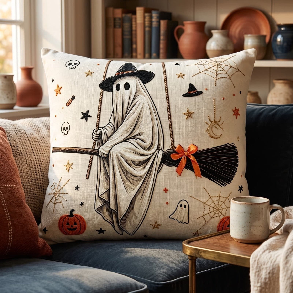 Halloween Ghost Reading Book Throw Pillow Cover, Spooky Library Bookshelf Skull Candlestick Decorative Pillowcase, Retro Halloween Cushion Cover