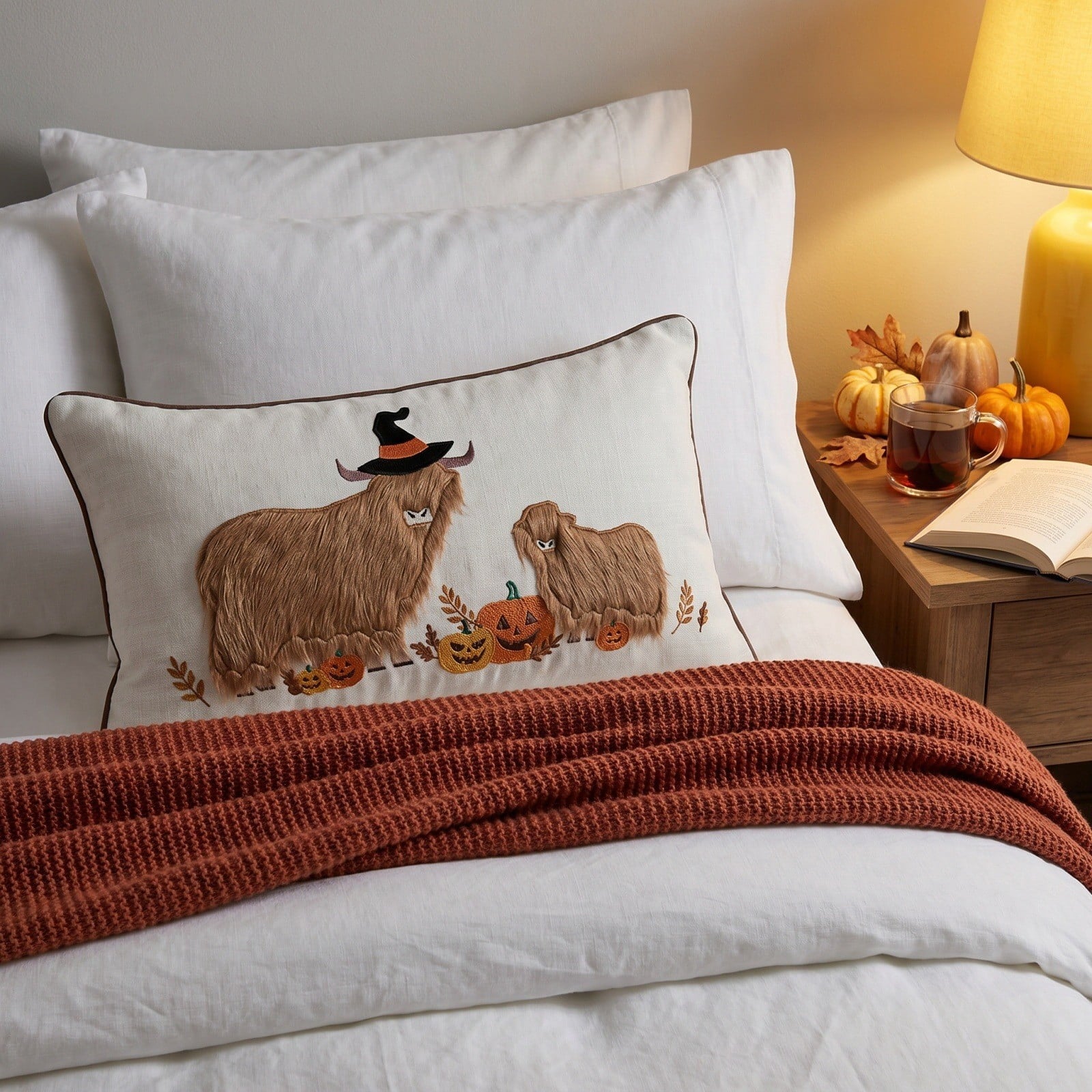 Halloween Ghost Reading Book Throw Pillow Cover, Spooky Library Bookshelf Skull Candlestick Decorative Pillowcase, Retro Halloween Cushion Cover