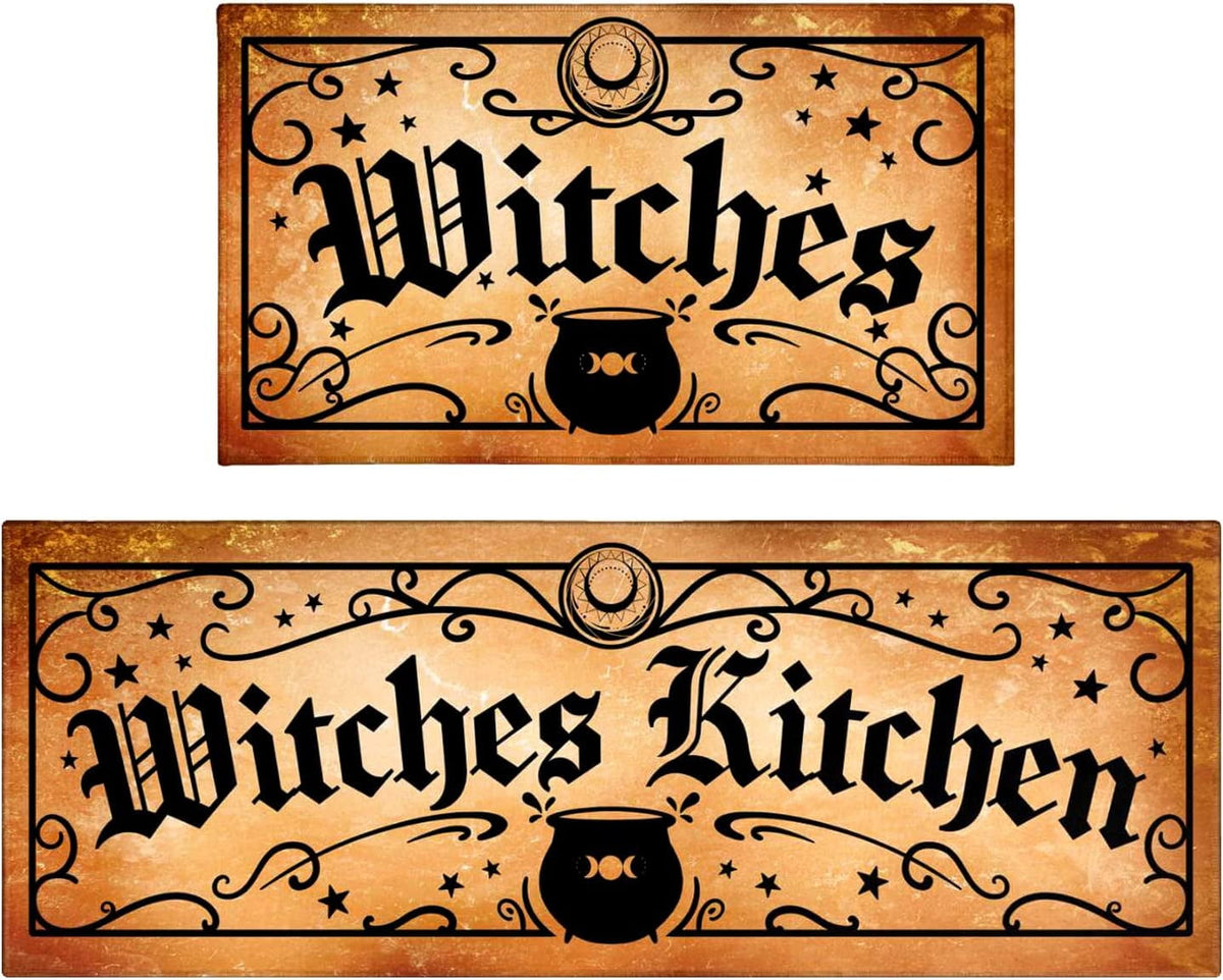2 Pack Halloween Kitchen Mats Witches Rugs Gothic Kitchen Decor Farmhouse Halloween Doormat Outdoor Vintage Non-Slip Floor Mats Retro Halloween Rugs Decor for Home Kitchen Party (Gothic)