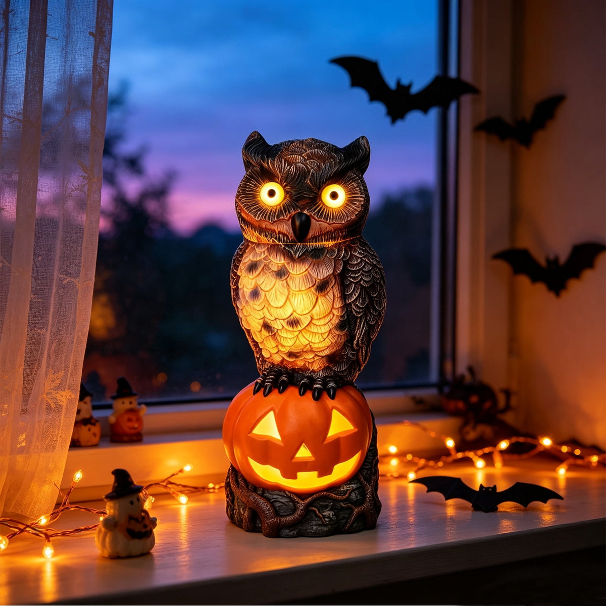 Halloween Dog Greeter - Frenchie 7.9in Resin Witch Dog with Light-Up Pumpkin, Spooky Fall Decor, Indoor Outdoor Tabletop Decoration