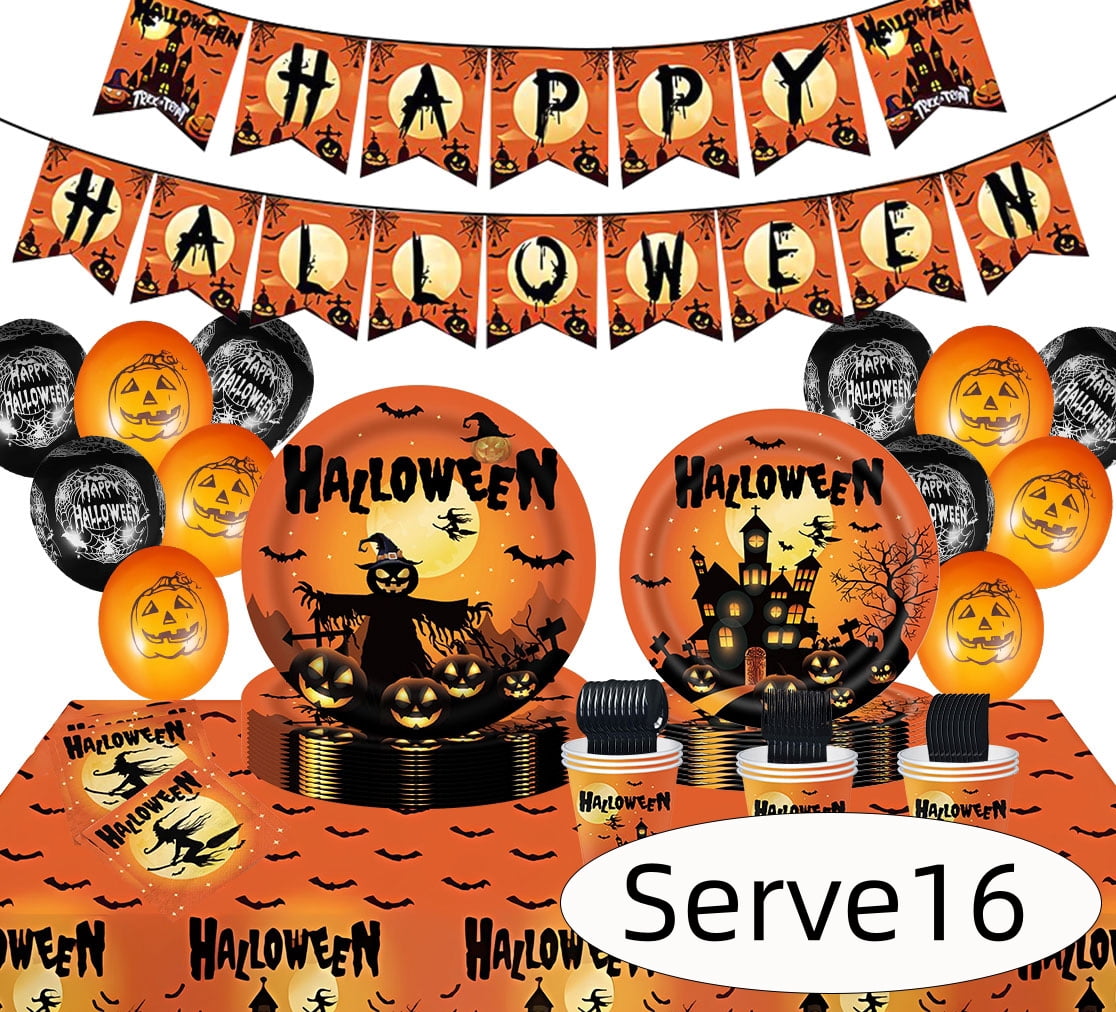 Halloween Paper Plates for Halloween Party Decoration Disposable Cups Napkins Table Cover Balloons Banner for Halloween Birthday Party Supplies Serve 20 Design2