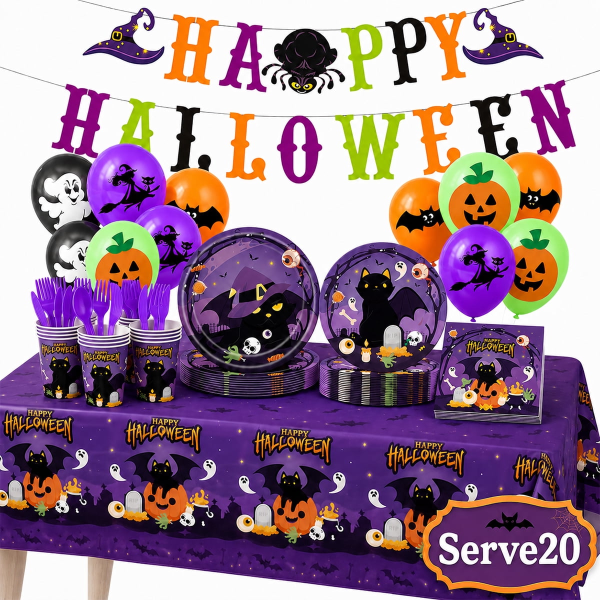 Halloween Paper Plates for Halloween Party Decoration Disposable Cups Napkins Table Cover Balloons Banner for Halloween Birthday Party Supplies Serve 20 Design2