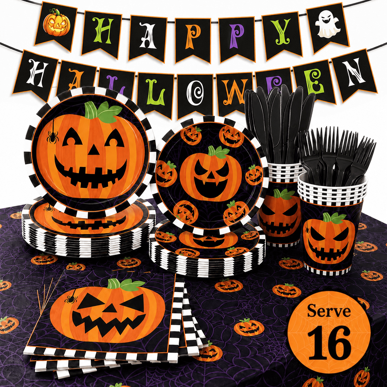 Halloween Paper Plates for Halloween Party Decoration Disposable Cups Napkins Table Cover for Halloween Banner Birthday Party Supplies Serve 20 Design 3
